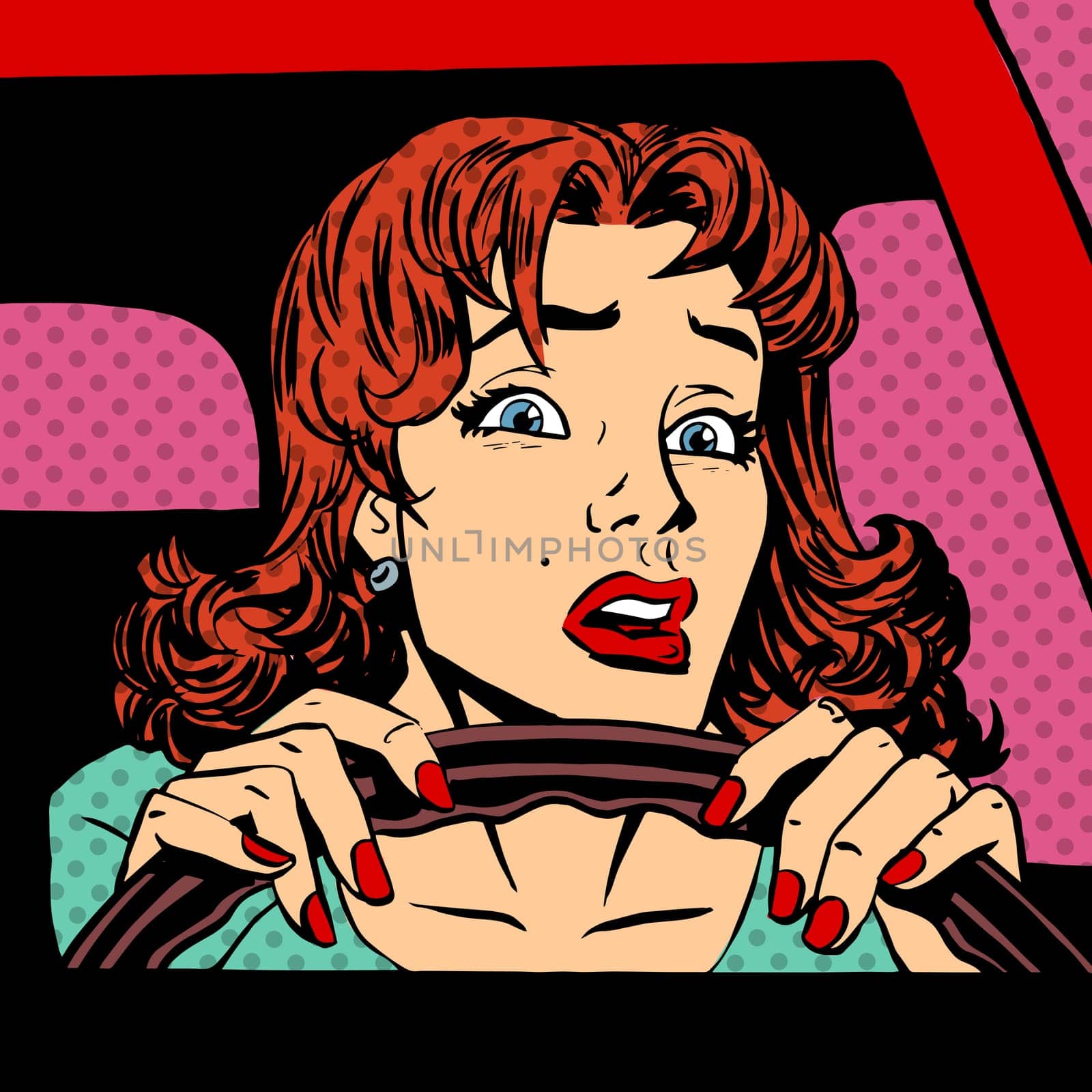 Inexperienced woman driver of the car accident pop art comics retro style Halftone. Imitation of old illustrations