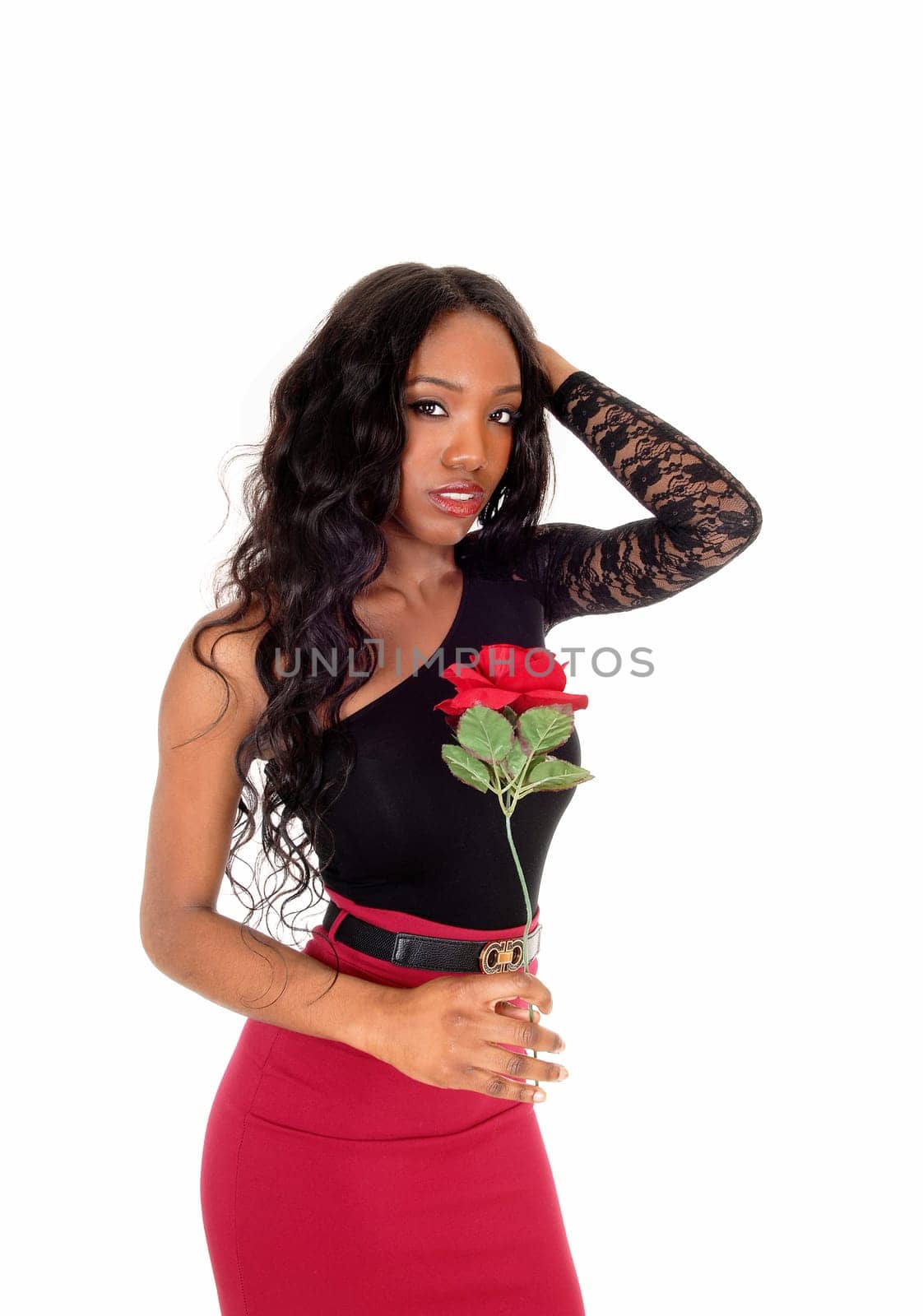 A lovely African American woman in a red skirt and black blouse standing.in the studio, holding a red rose, isolated for white background..