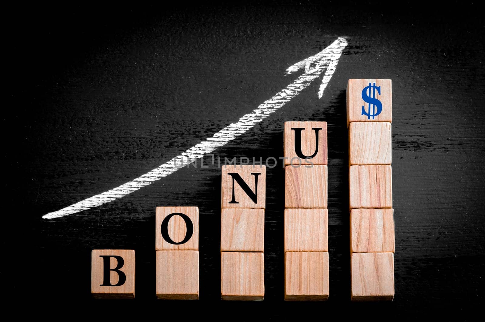 Ascending arrow above bar graph of Wooden small cubes isolated on black background. Chalk drawing on blackboard. Business Concept image.