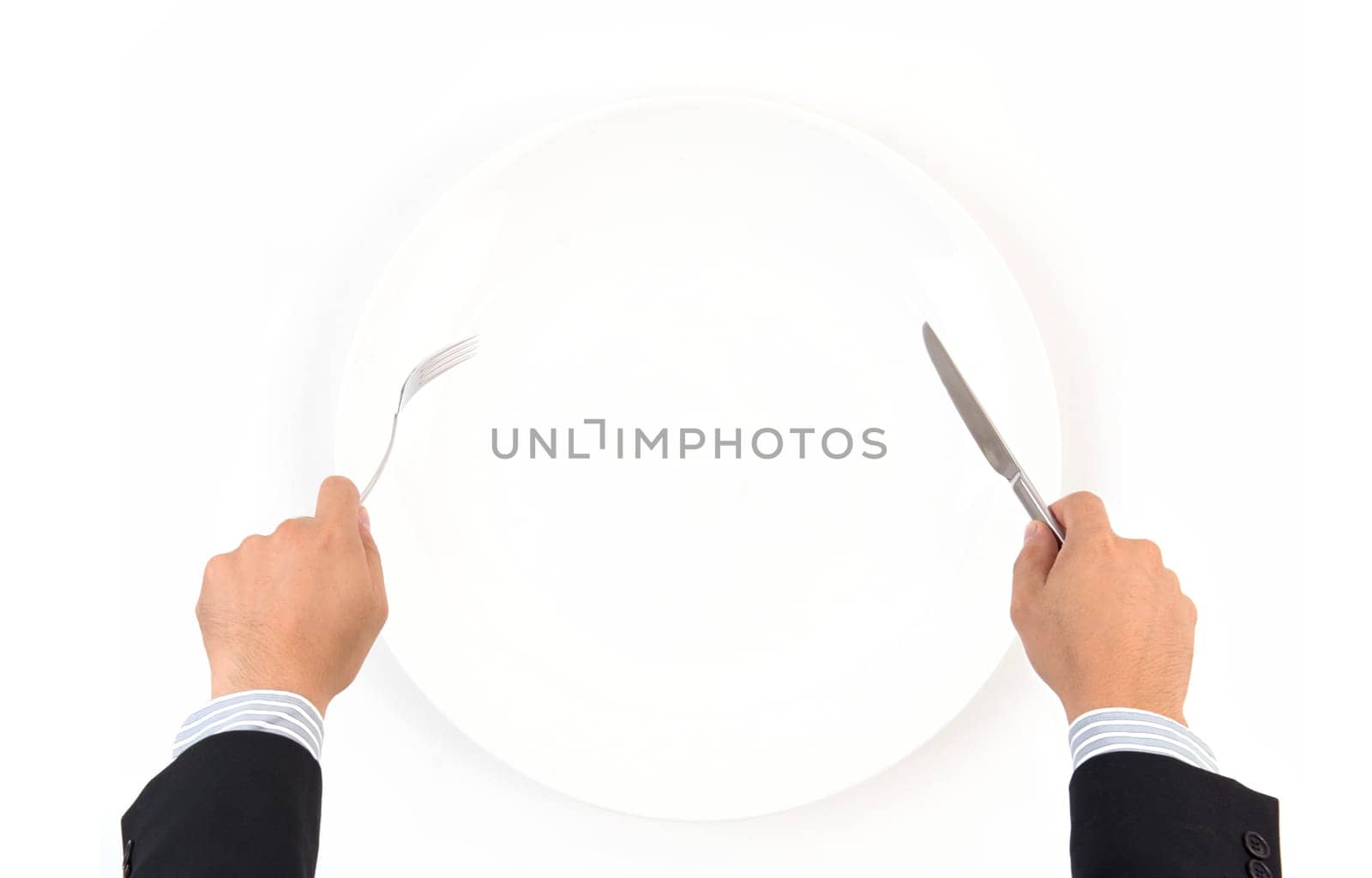 hand hold fork and knife with white plate on white background
