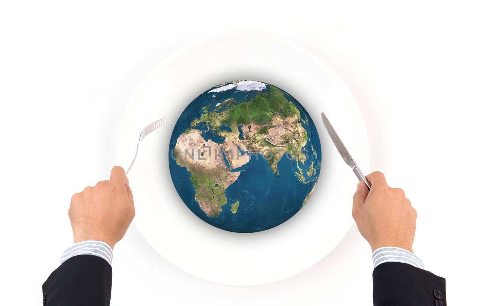 World globe ball with fork and knife isolated on white background, Elements of this image furnished by NASA