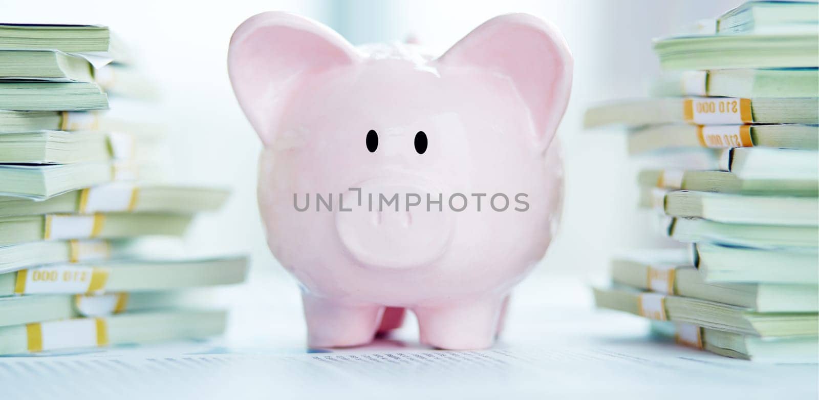 Piggy bank between dollar bills