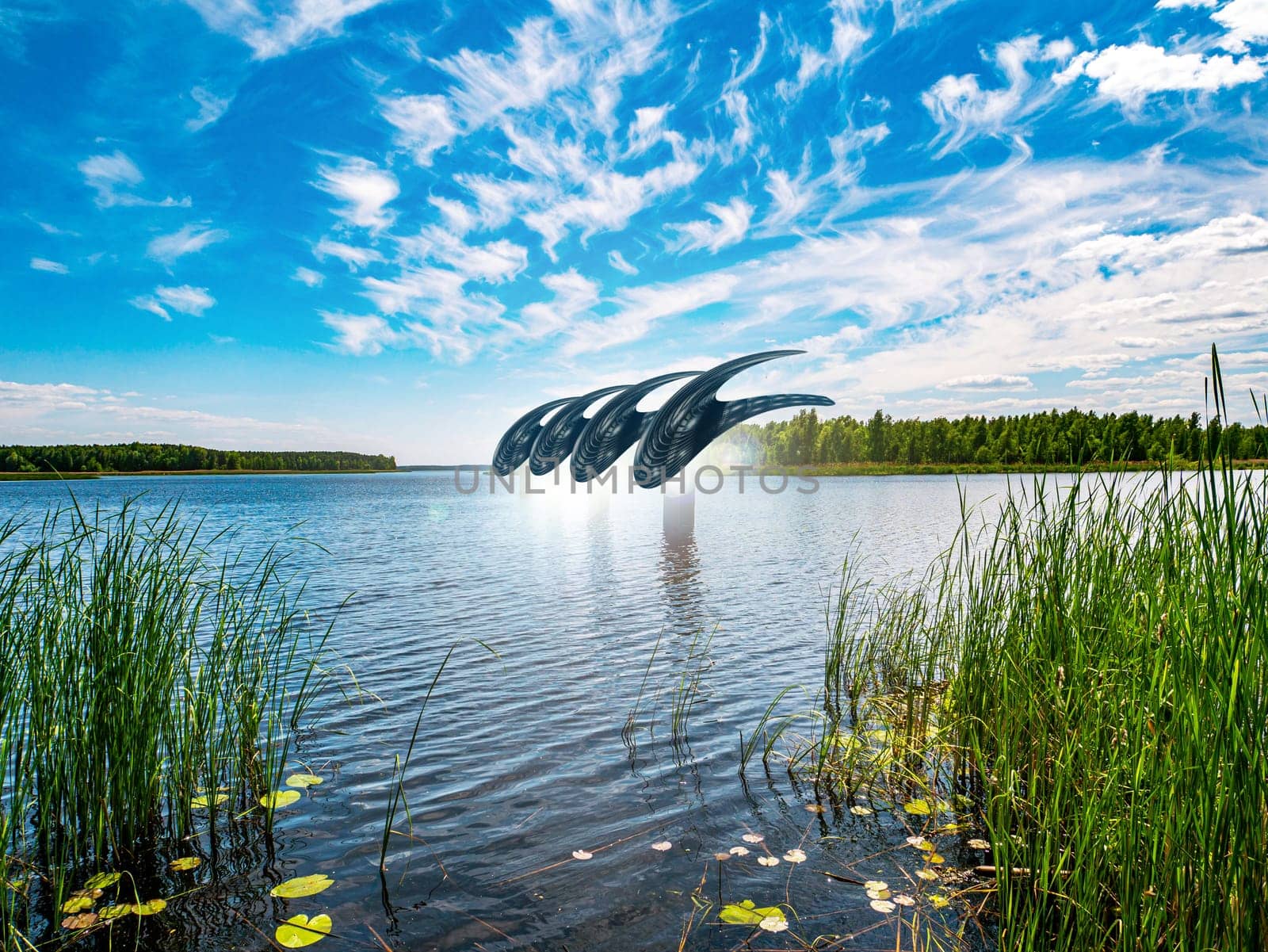 Alien spacecraft parking above the water surface of the river. UFO over water. Unidentified flying object. Alien invasion. Alien civilization. Space flotilla. Blue sky. River water.