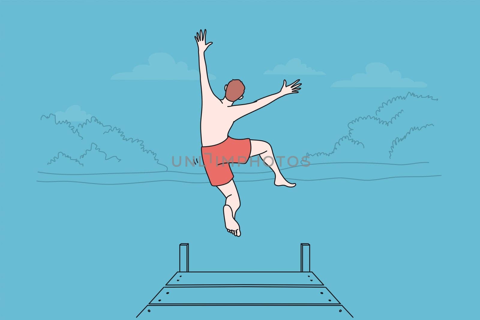 Summer leisure activities concept. Young man boy jumping to water of lake or sea on summer nature landscape from pier and enjoying vacations vector illustration