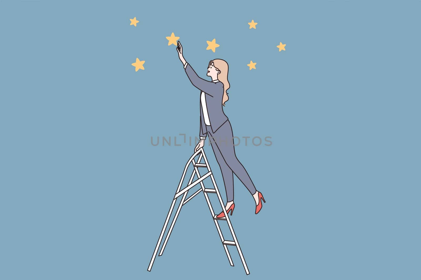 Success, leader, possibilities concept. Young business woman standing on ladder and looking ahead for new possibilities and development touching stars vector illustration
