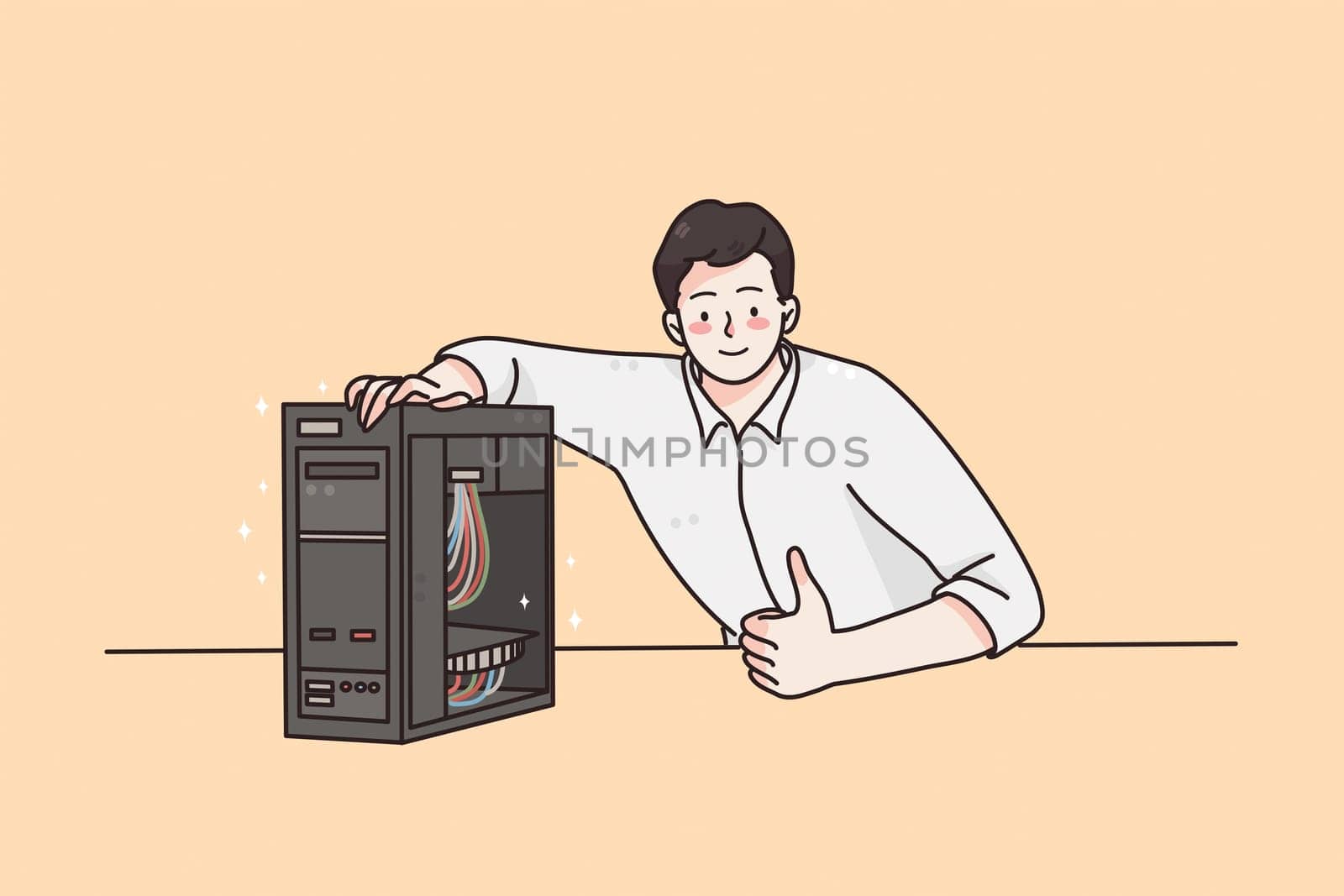 Soft engineering and technologies concept. Young smiling man worker engineer cartoon character sitting with system unit with wires in office and showing thumbs up sign with finger