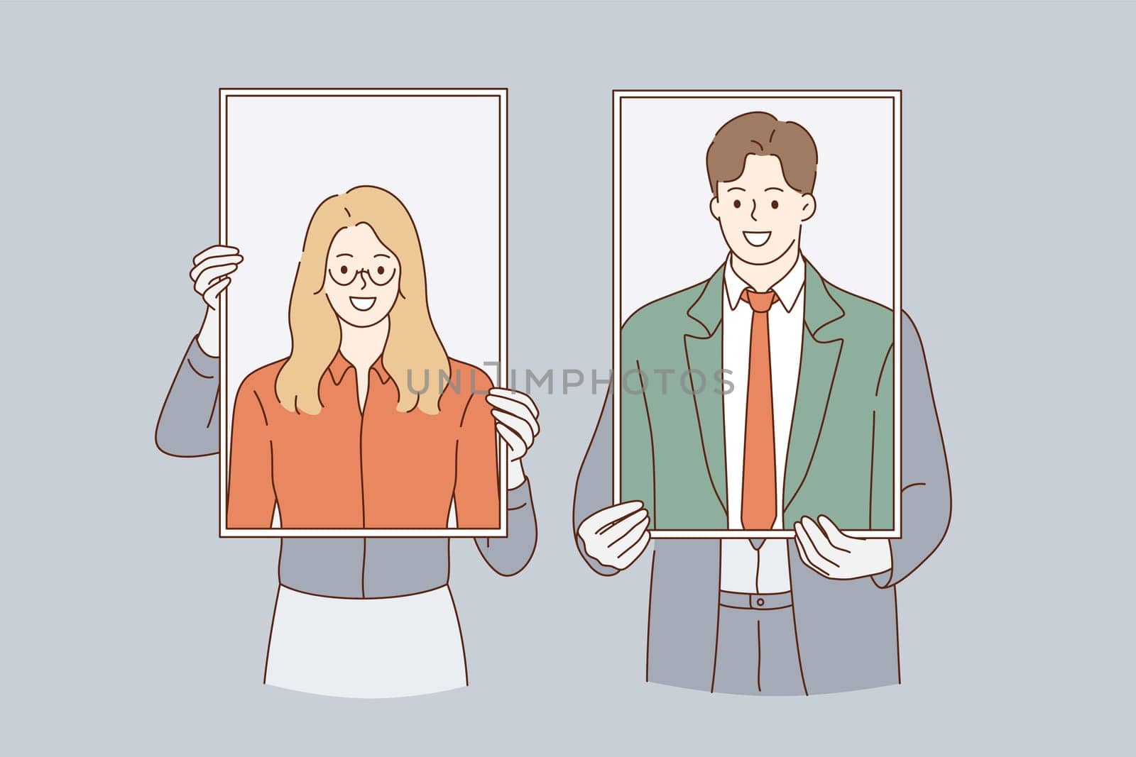 Business identity, self portraits concept. Woman and man business people cartoon characters standing and holding self portraits with smiles in hands together illustration