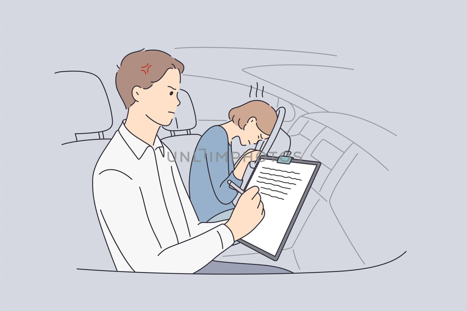 Failure in education concept. Adolescent girl cartoon character sitting feeling sad and stressed because of failing her driving test with man instructor writing bad score vector illustration