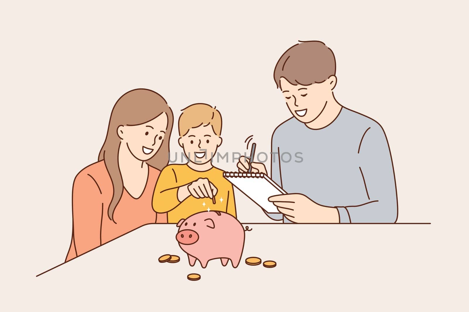 Family budget and saving money concept. Young positive family with child boy cartoon characters sitting and putting coins to pink piggybank to save earnings vector illustration