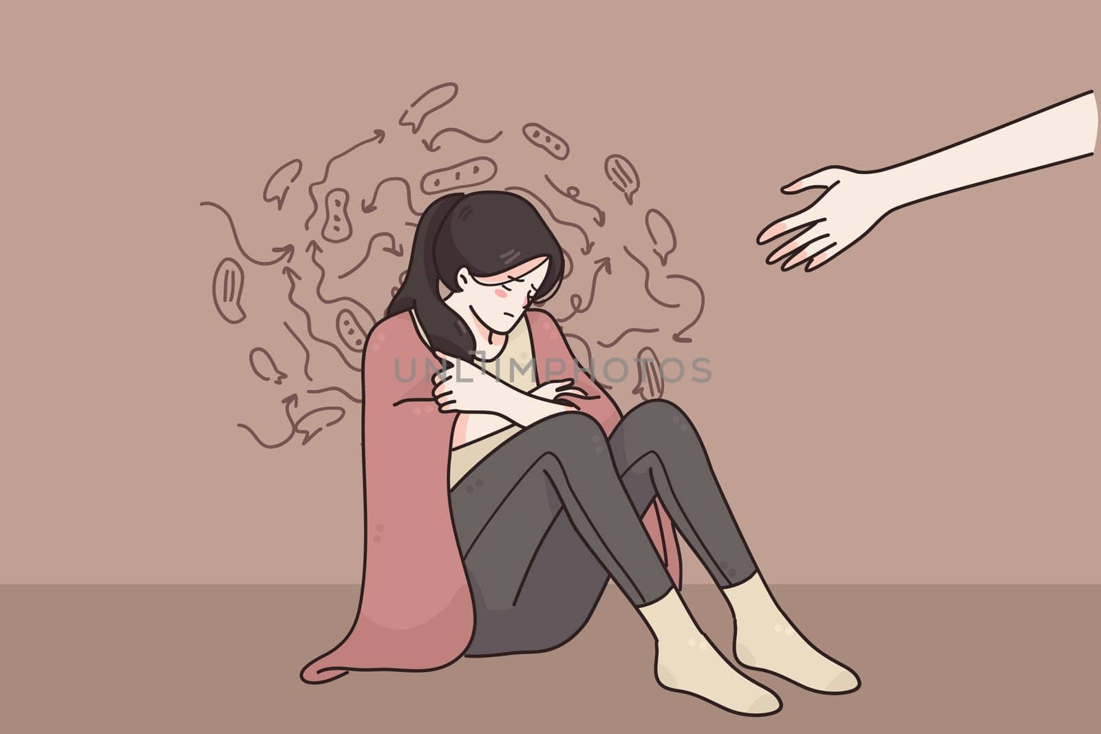 Helping hand, support, depression concept. Someone giving hand to depressed crying unhappy woman sitting on floor with negative thoughts in blanket vector illustration