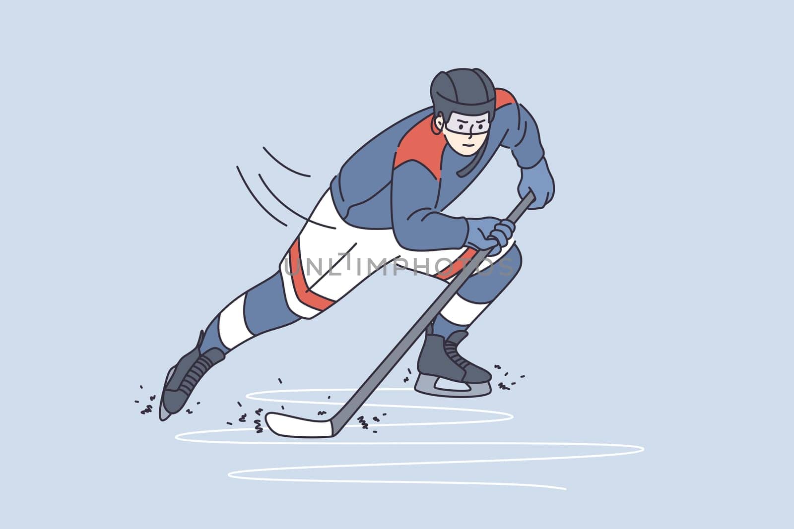 Professional sport and lifestyle concept. Young man hockey player cartoon character sliding on ice with stick in sports uniform vector illustration