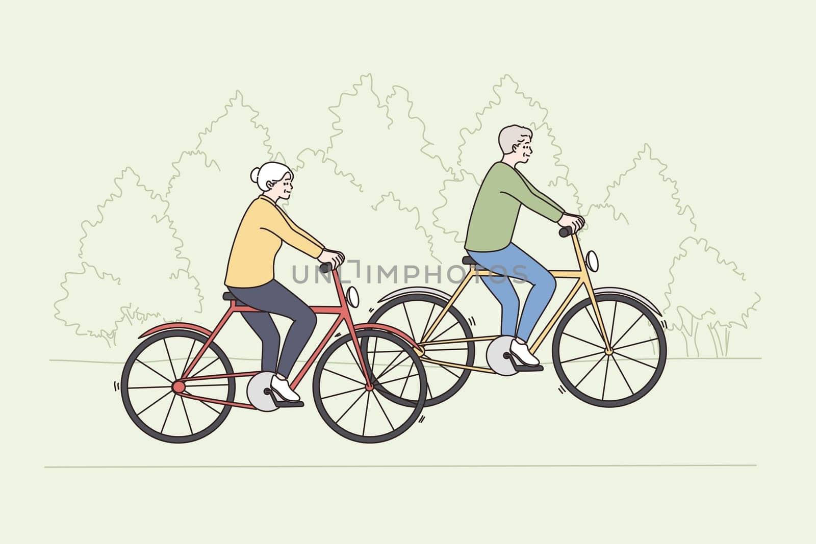 Happy active lifestyle of old people concept. Mature elderly couple man and woman riding bicycles together outdoors enjoying ride and active leisure vector illustration
