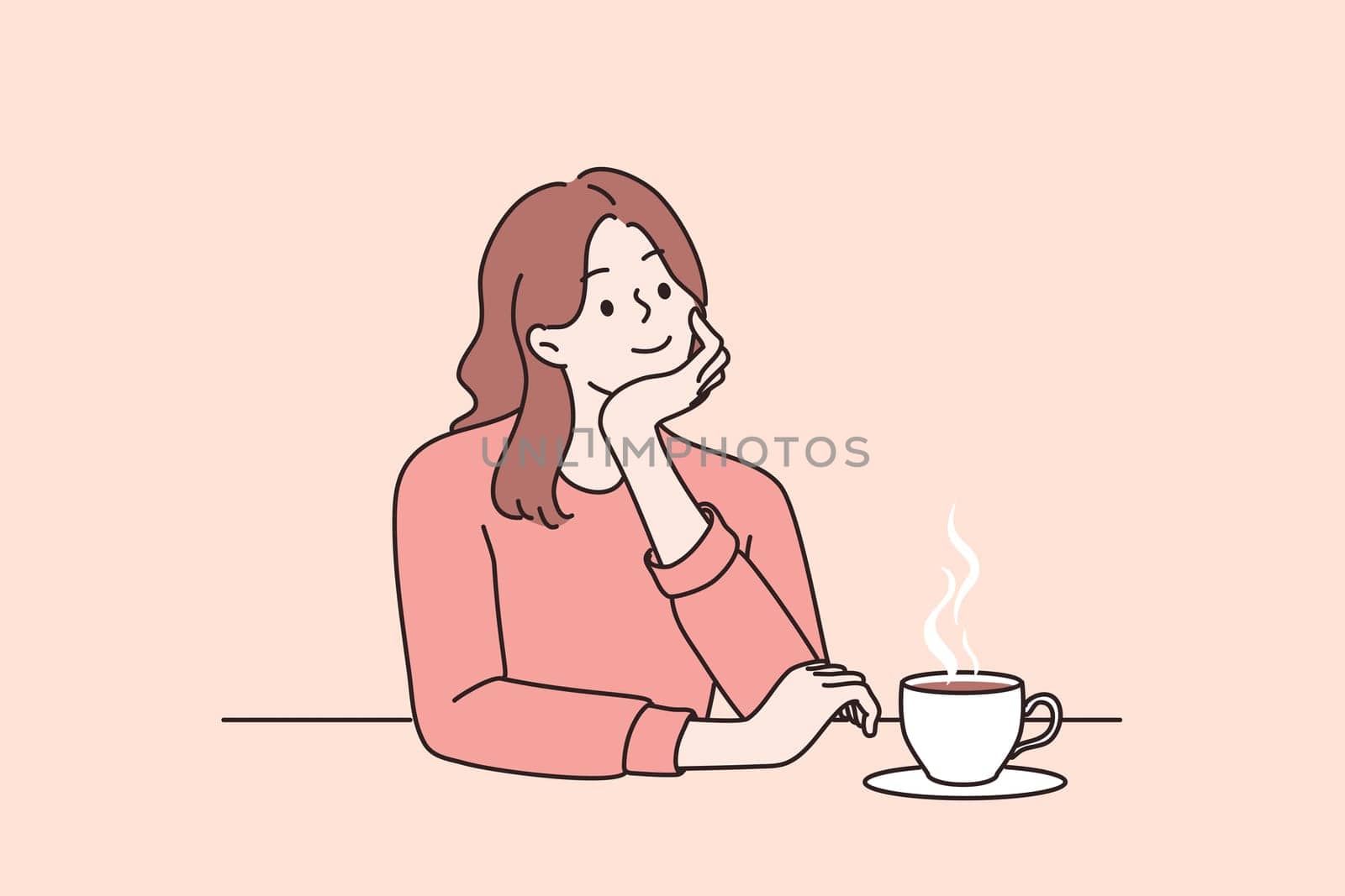 Dreaming and everyday relaxation concept. Young positive girl sitting dreaming at table drinking tea or coffee alone vector illustration