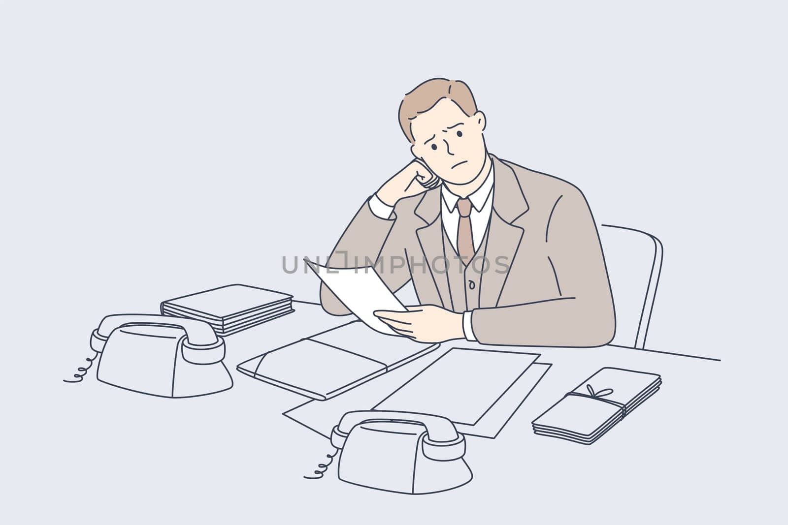 Debts, bankrupt, money loss concept. Young frustrated businessmen cartoon character sitting losing job and money bank clerk working during great depression times vector illustration