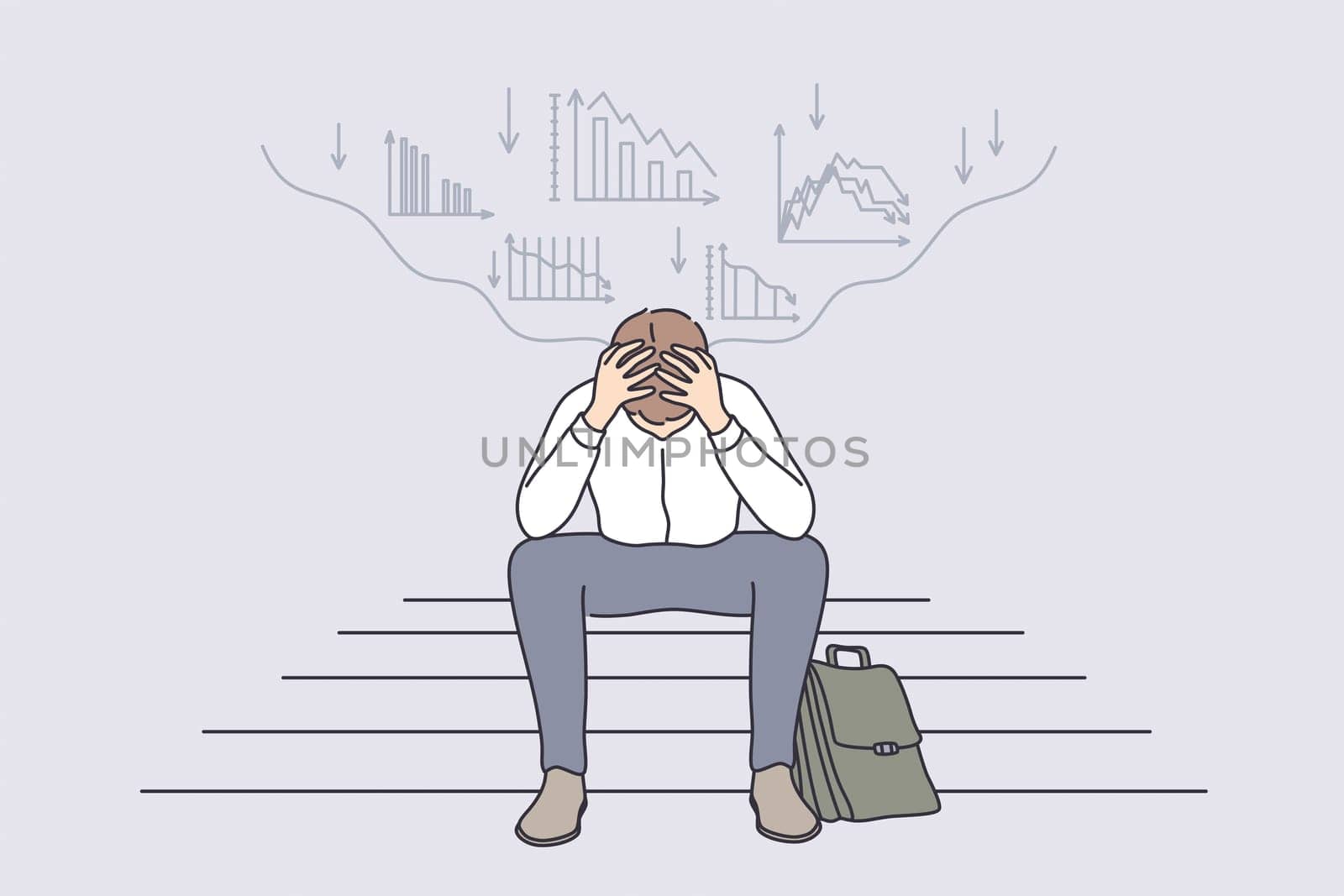Economic regression, failure in business concept. Tired or stressed businessman cartoon character sitting on ladder stairs in panic feeling depressed stock market financial background