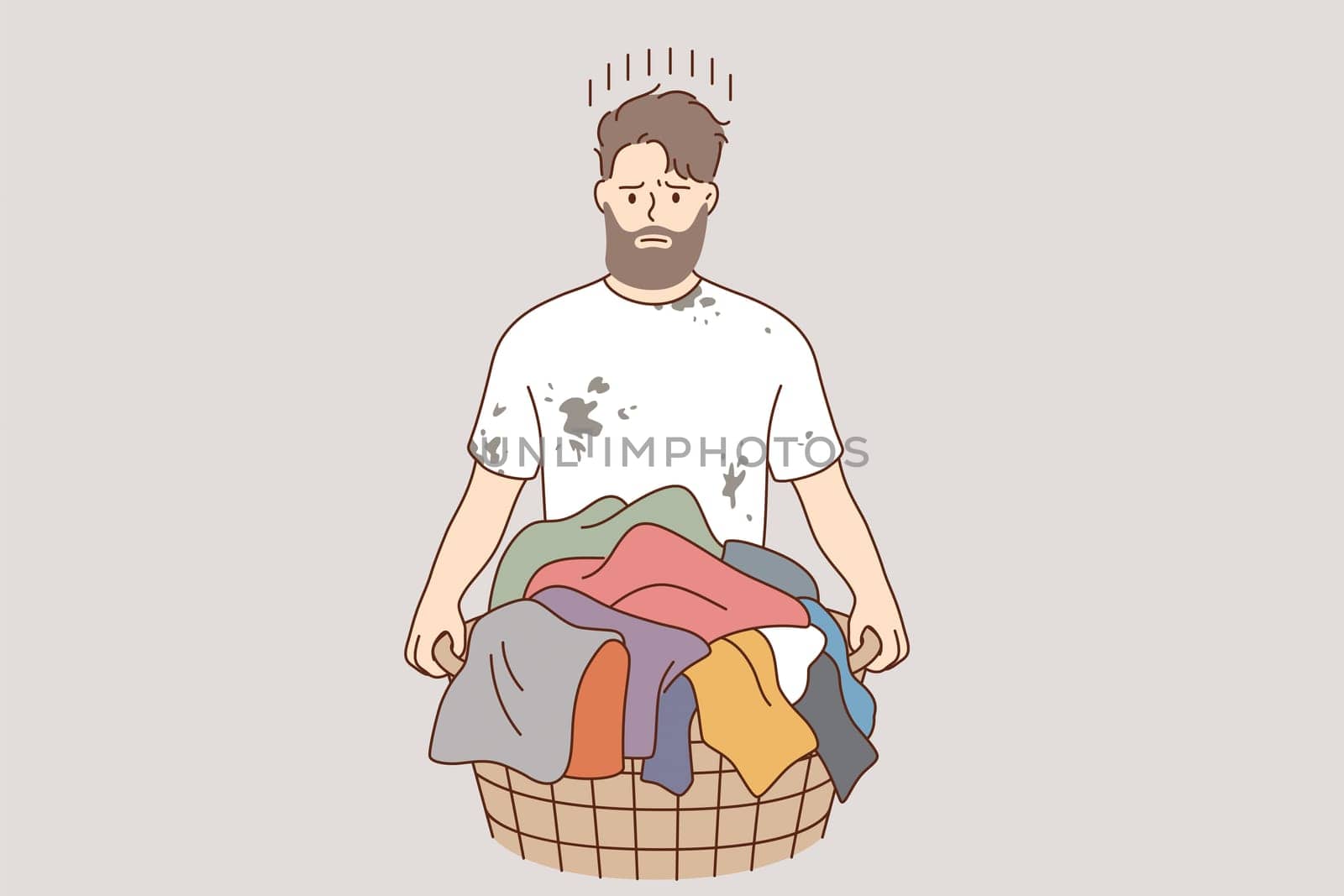 Laundry and washing clothes concept. Young frustrated stressed man cartoon character standing and holding basket with dirty colorful clothes for laundry vector illustration