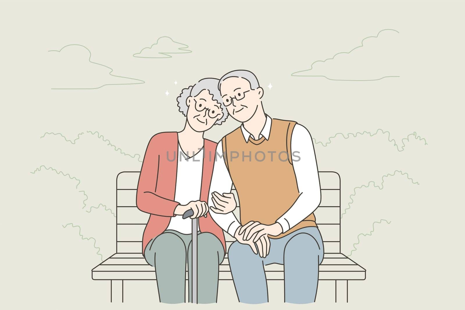 Happy senior people lifestyle concept. Smiling aged mature couple relaxing in park, sitting on bench, holding hands enjoying leisure time outdoors vector illustration