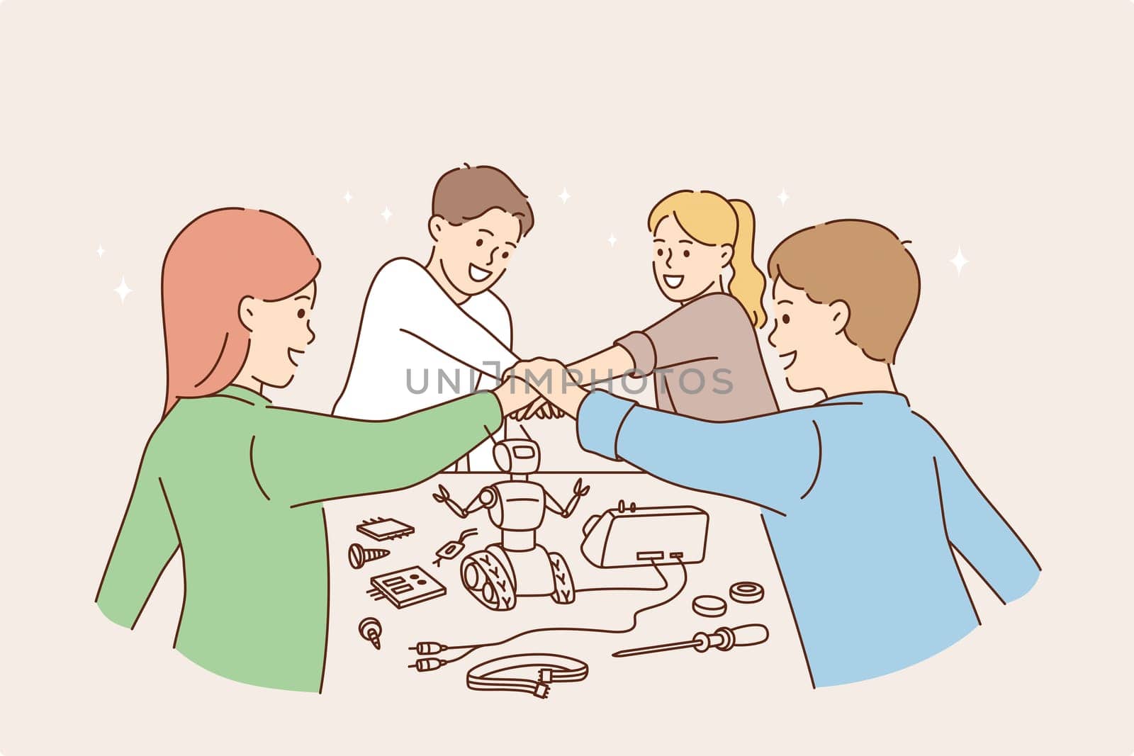 Happy children and games concept. Group of children friends cartoon characters playing together as team with robot shaking hands as union vector illustration