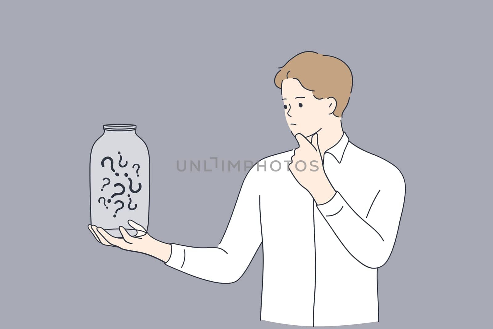 Saving money, crisis, bankrupt concept. Frustrated businessman holding empty glass jar with question marks inside feeling stressed and unhappy with finger on chin isolated over grey background