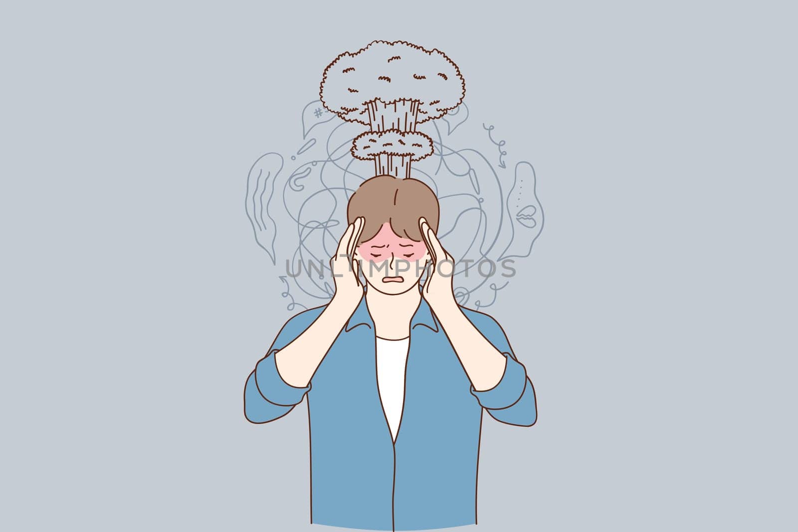 Migraine, stress, headache concept. Frustrated stressed man suffering from headache holding hands on head temples having anxiety problems, dementia disease vector illustration