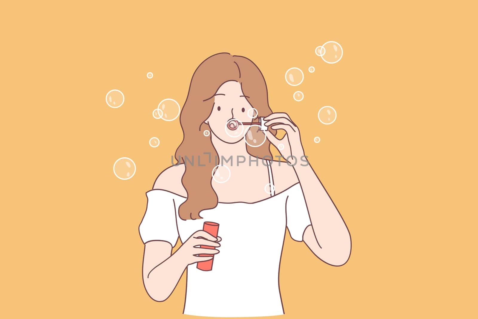 Having fun, summer, leisure concept. Positive young pretty girl standing playing with air bubbles blowing air bubble toy like little child, having fun on sunny day outdoor vector illustration
