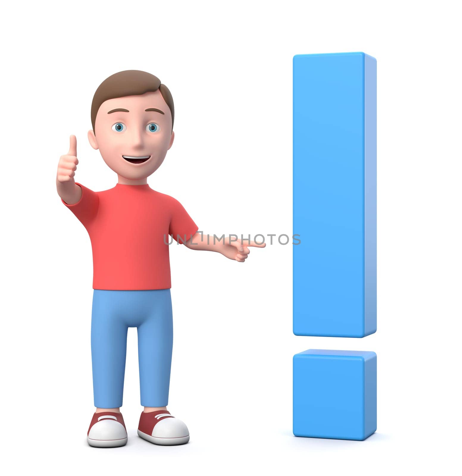 Standing Smiling Young Kid with Exclamation Point. 3D Cartoon Character Isolated on White Background 3D Illustration, Solution Concept