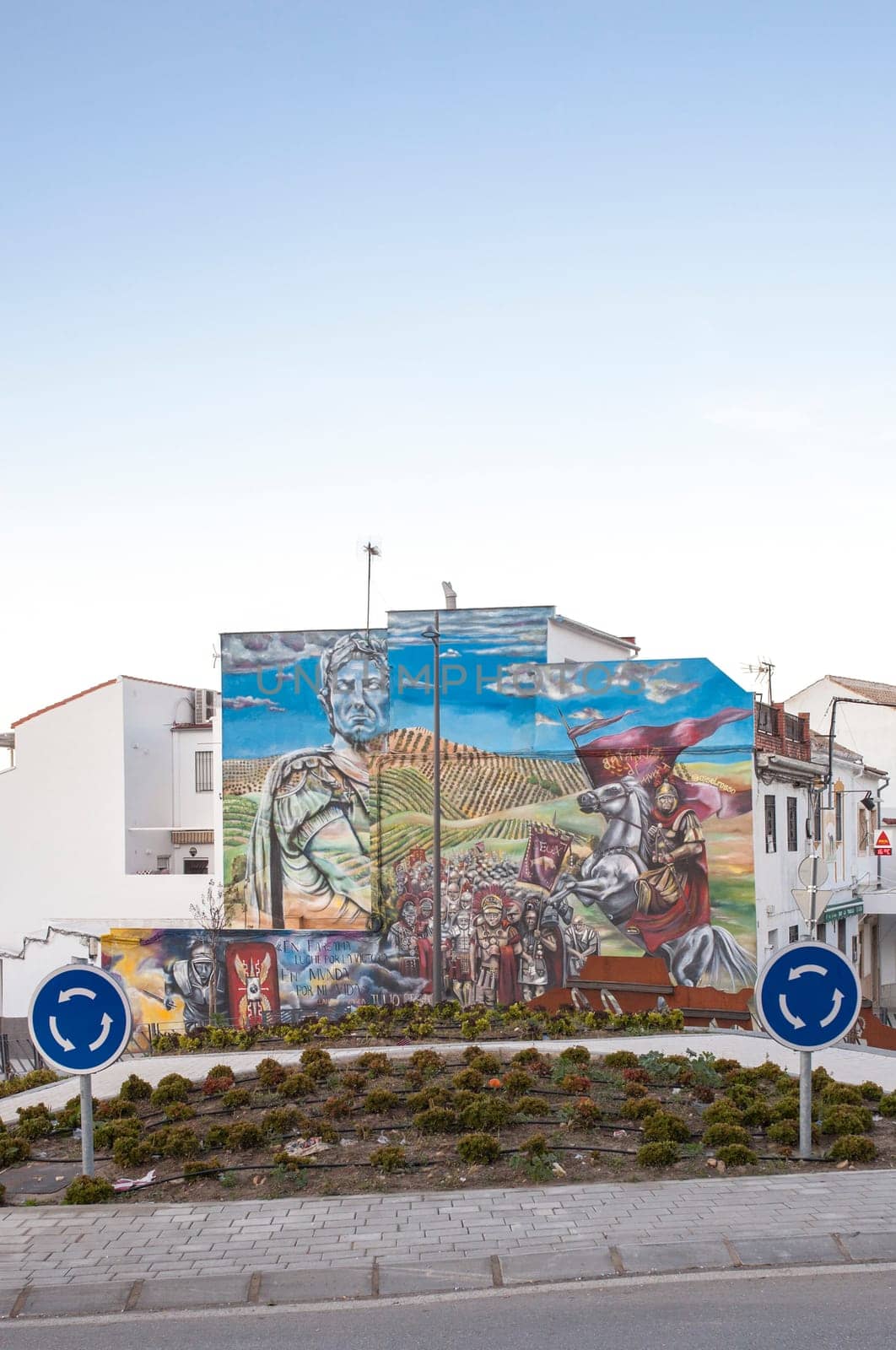 Jan 1st 2020 - Montilla, Spain: Munda battle wall painting at Montilla builing, Cordoba, Andalusia, Spain. Painter Gisel Rosso