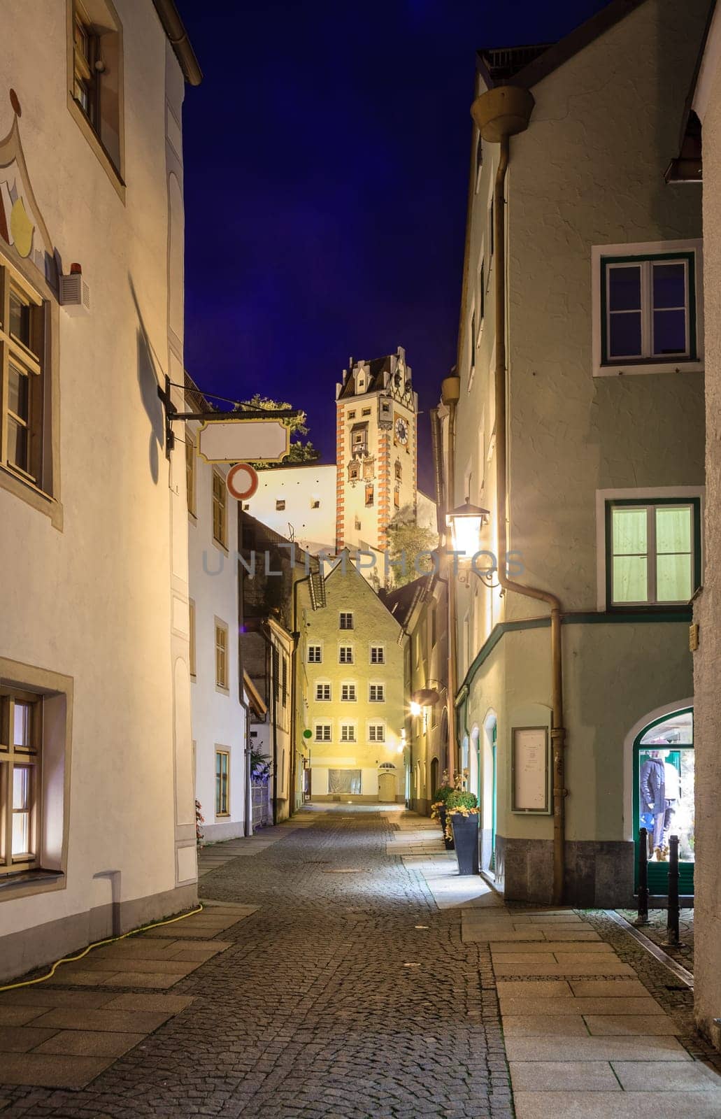 Narrow street in Fussen, Germany at night