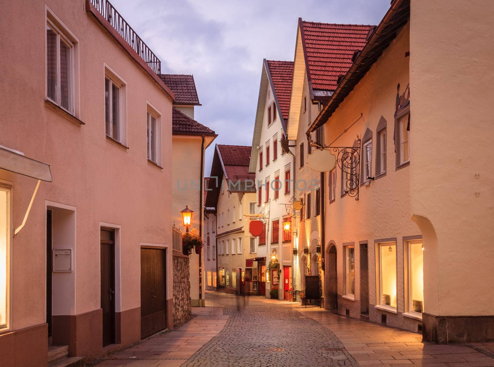 Evening street scene in the city of Fussen, Germany