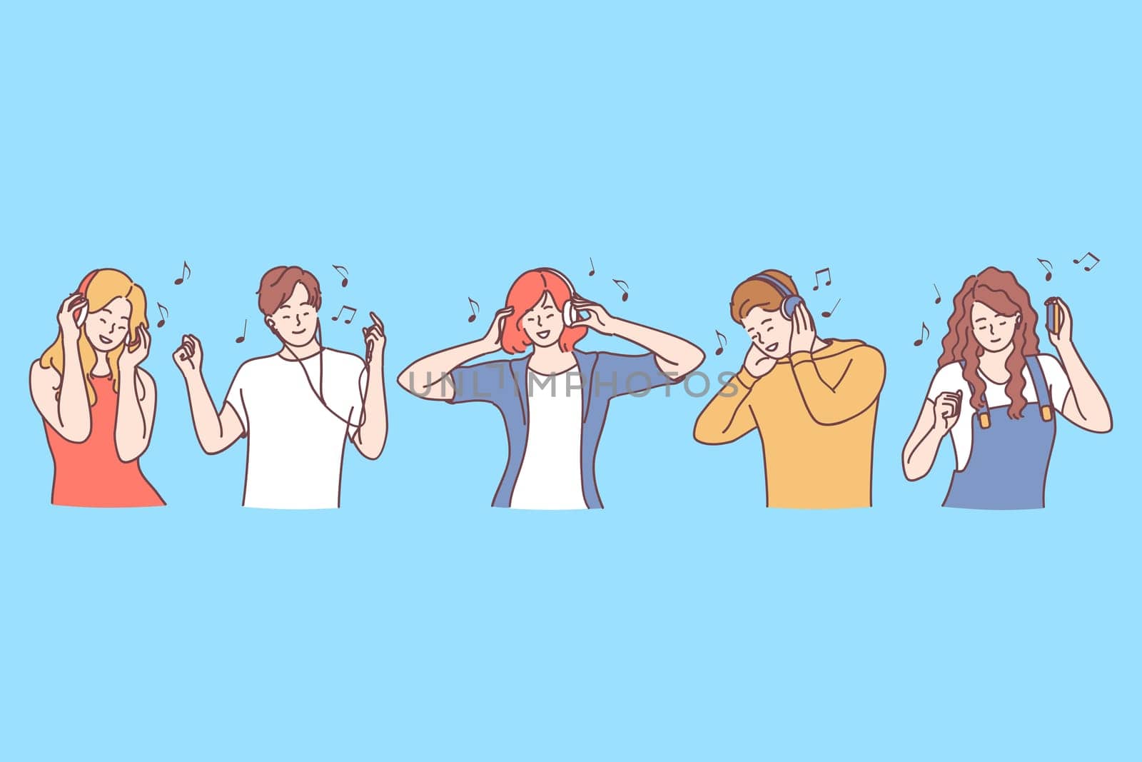 Enjoying music and listening audio concept. Young smiling people teens cartoon characters listening to music and enjoying songs with headphones vector illustration