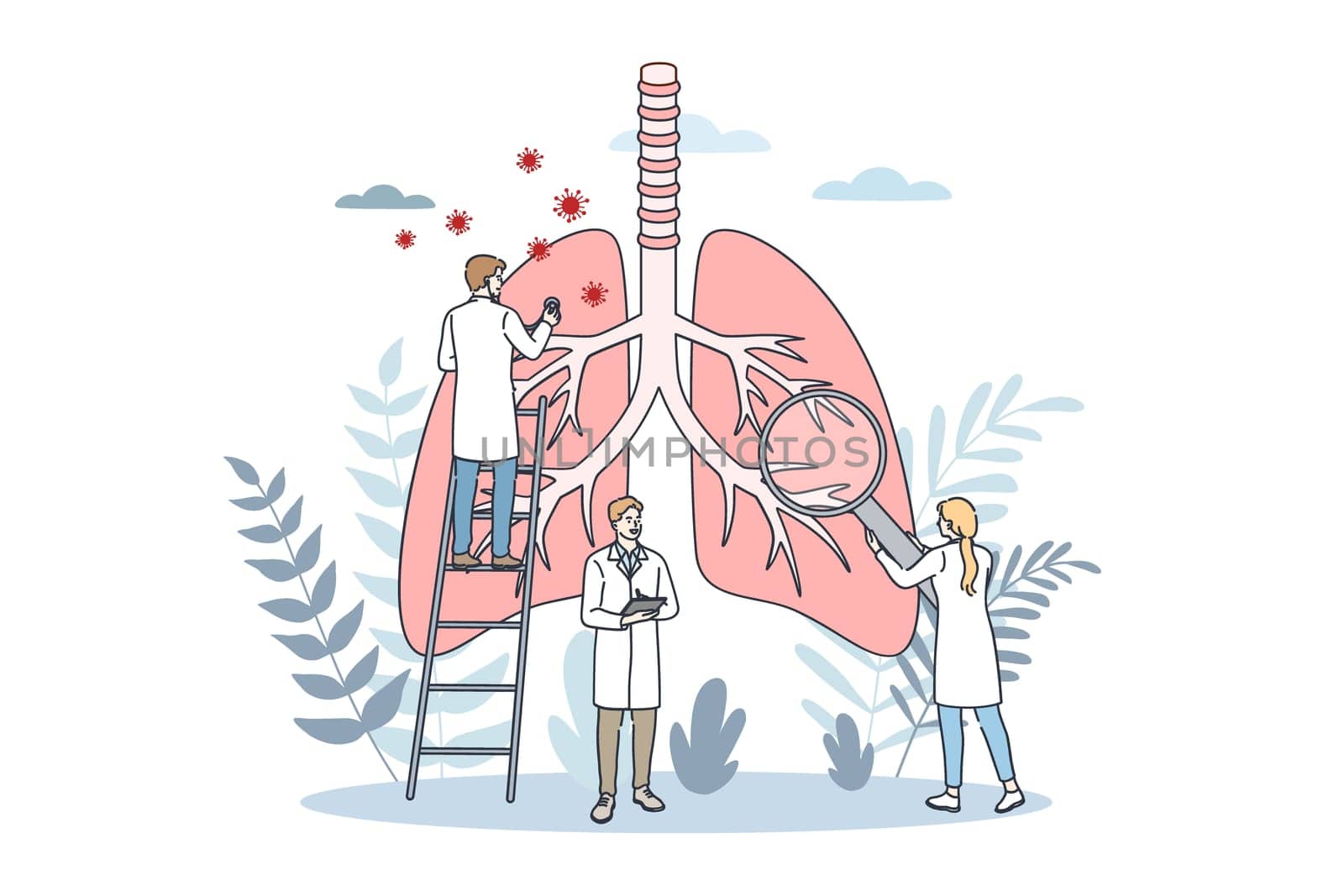 Pulmonology and lungs healthcare concept. Young doctors cartoon characters in white uniform examining lungs and respiratory system for Internal organ inspection check for illness, disease or problems