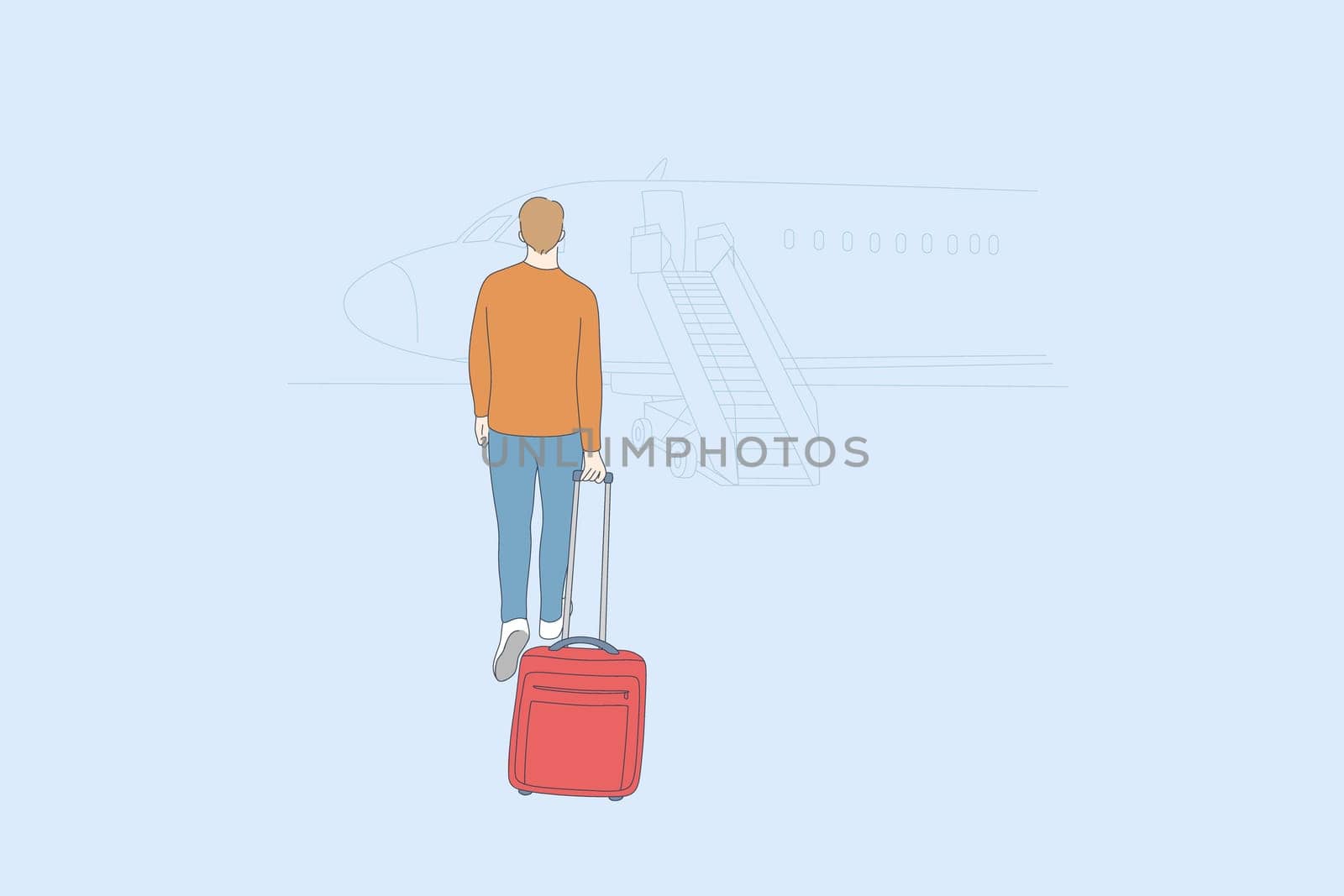 Aerophobia and travel by plane concept. Young man with suitcase walking backwards going to plane and feeling scared to fly vector illustration
