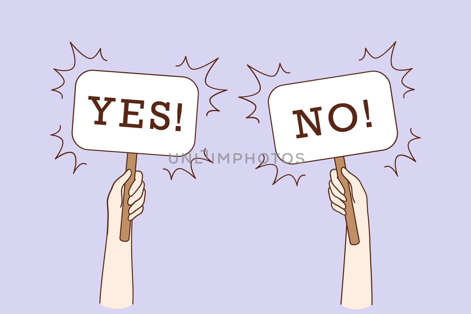 Dilemma, dispute, choice hesitation concept. Human hands holding Yes No banners meaning test question, opposition, choice, deciding process vector illustration