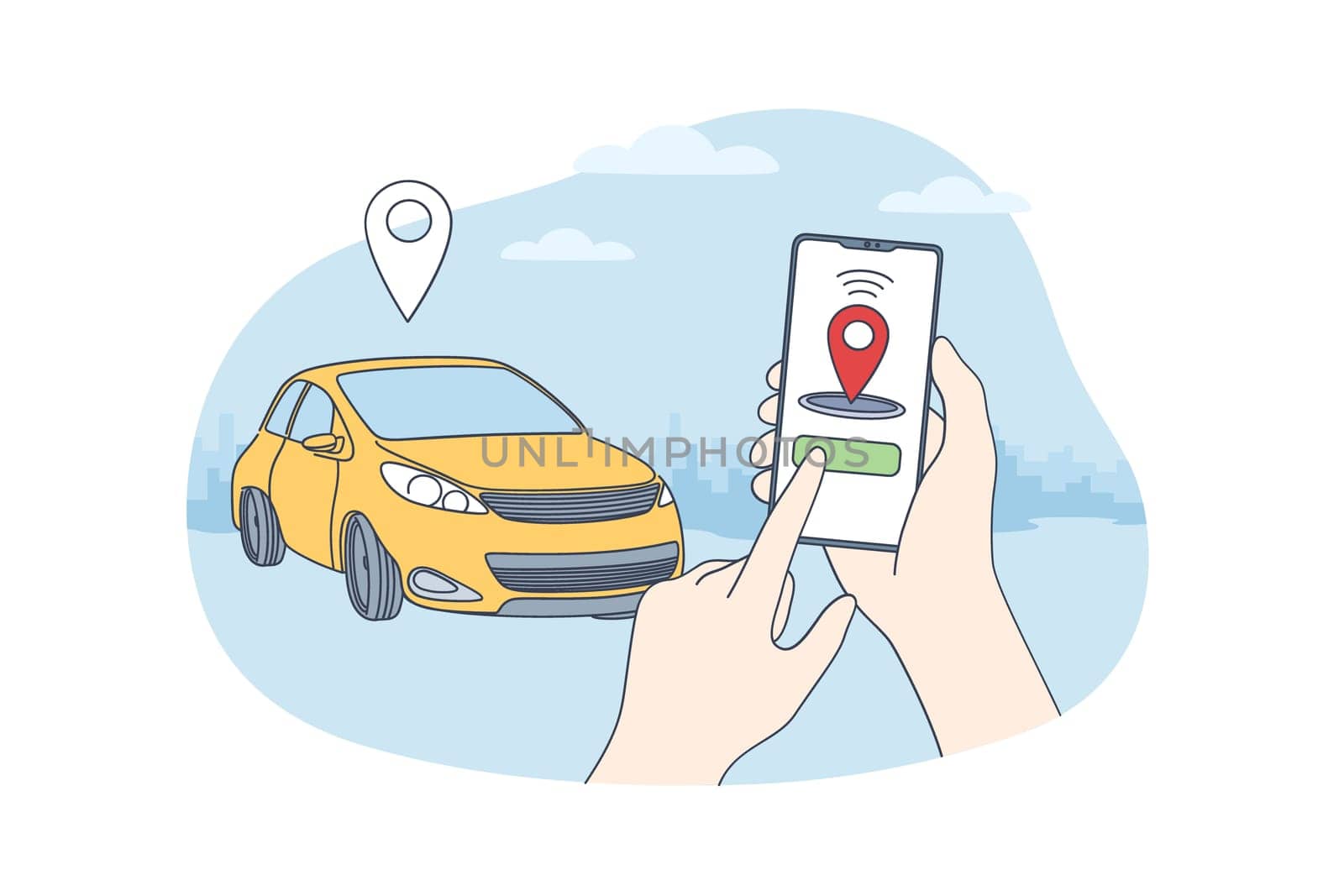Car sharing and online application concept. Human hands holding smartphone with application of autonomous wireless parking remote connected car sharing service vector illustration