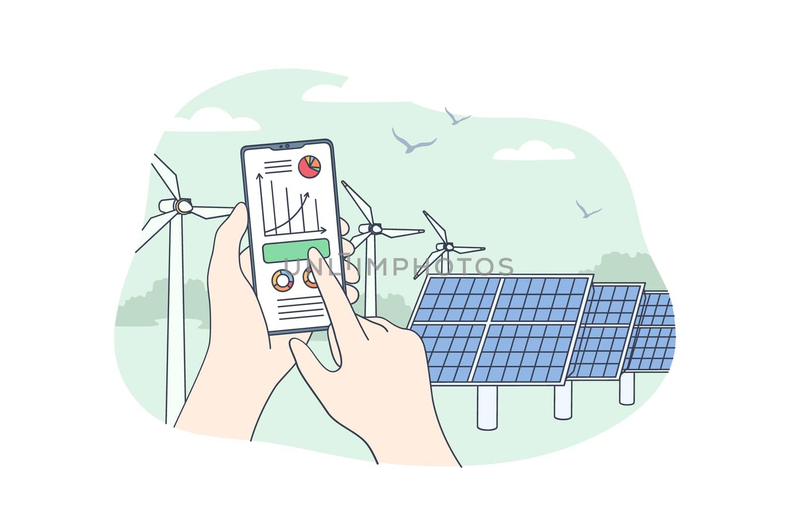 Sustainable renewable energy concept. Human hands holding mobile smartphone with electricity energy usage monitoring app with power plant storage station with solar panels on background illustration