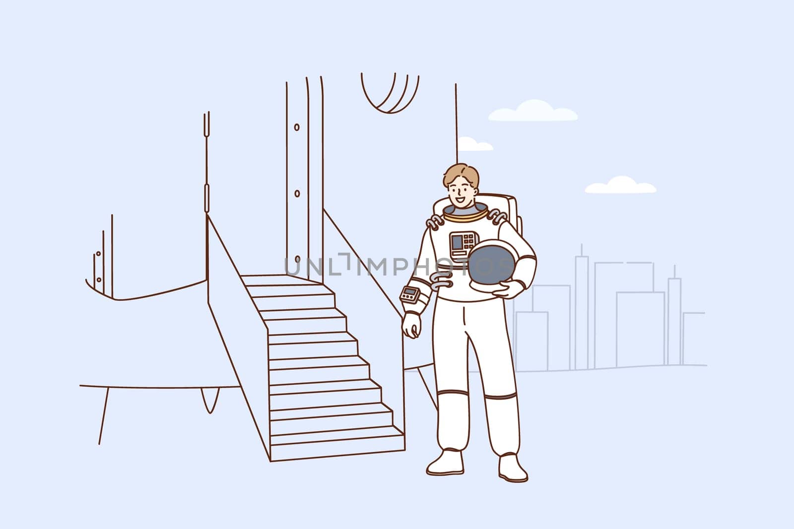 Astronomy and planet exploration concept. Smiling man Astronaut cartoon character in suit entering spaceship to take off walking into rocket ready for launching vector illustration