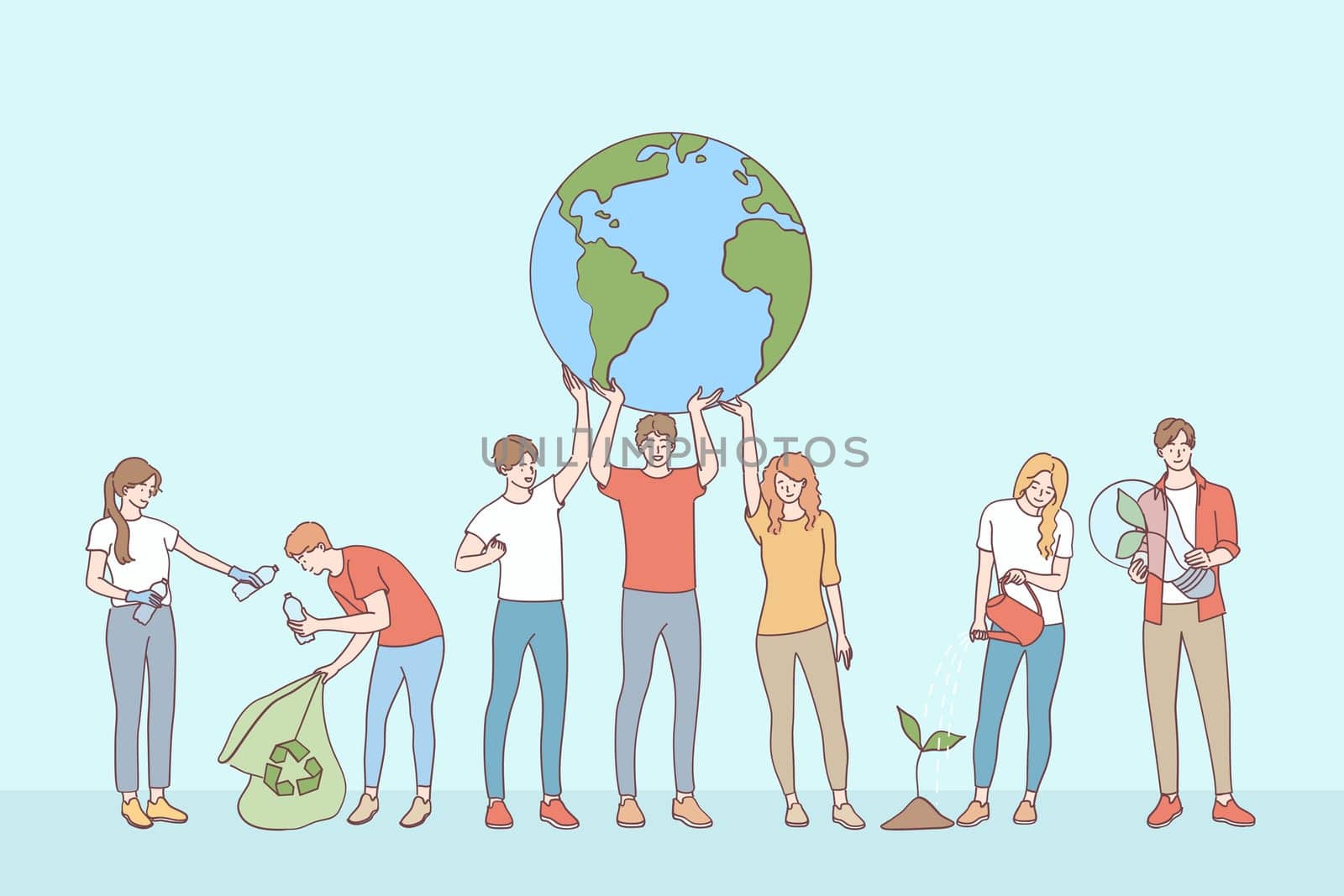 Ecological conversation, save planet concept. Young people volunteers cartoon characters collecting garbage taking care of plants and saving ecology on planet earth vector illustration