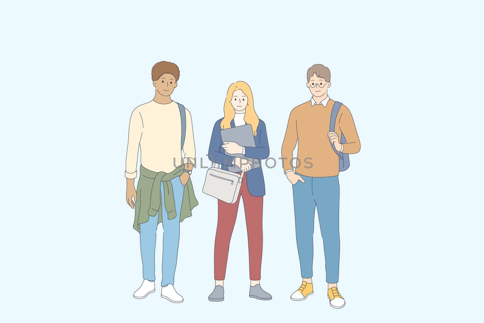 Students and friendship concept. Young smiling teen people students classmates cartoon characters standing with backpacks and books together after lessons outdoors vector illustration