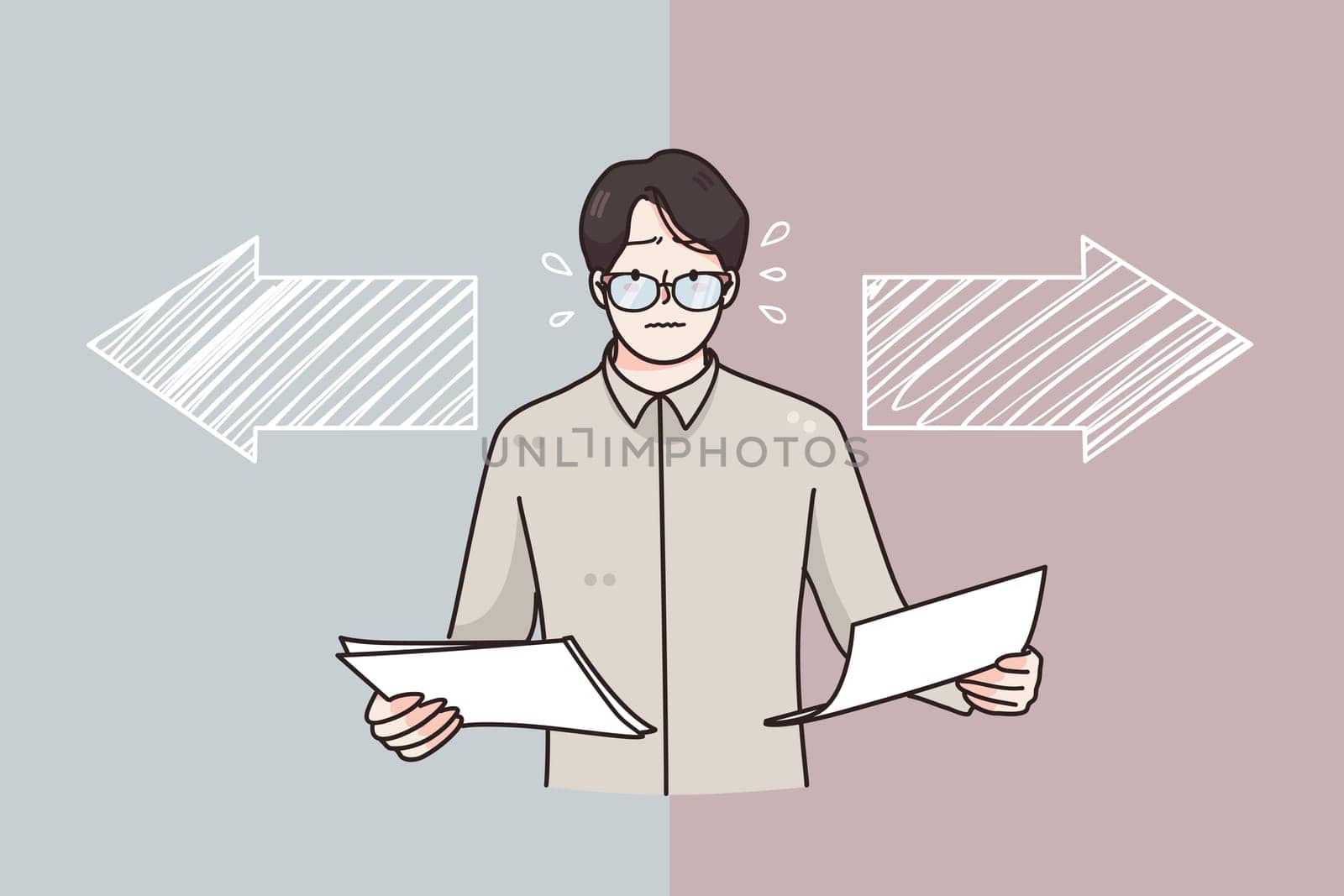 Choice, business decision, different ways concept. Frustrated businessman in glasses holding documents in hands trying to choose right or left direction feeling doubt and stress illustration