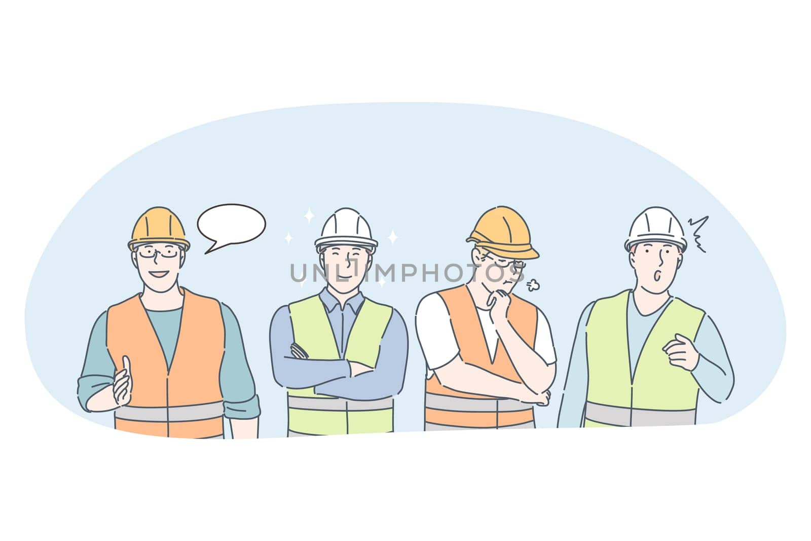 Engineering and construction workers concept. Men professional engineers, builders and managers cartoon characters in protective helmets and uniform communicating and discussing building projects