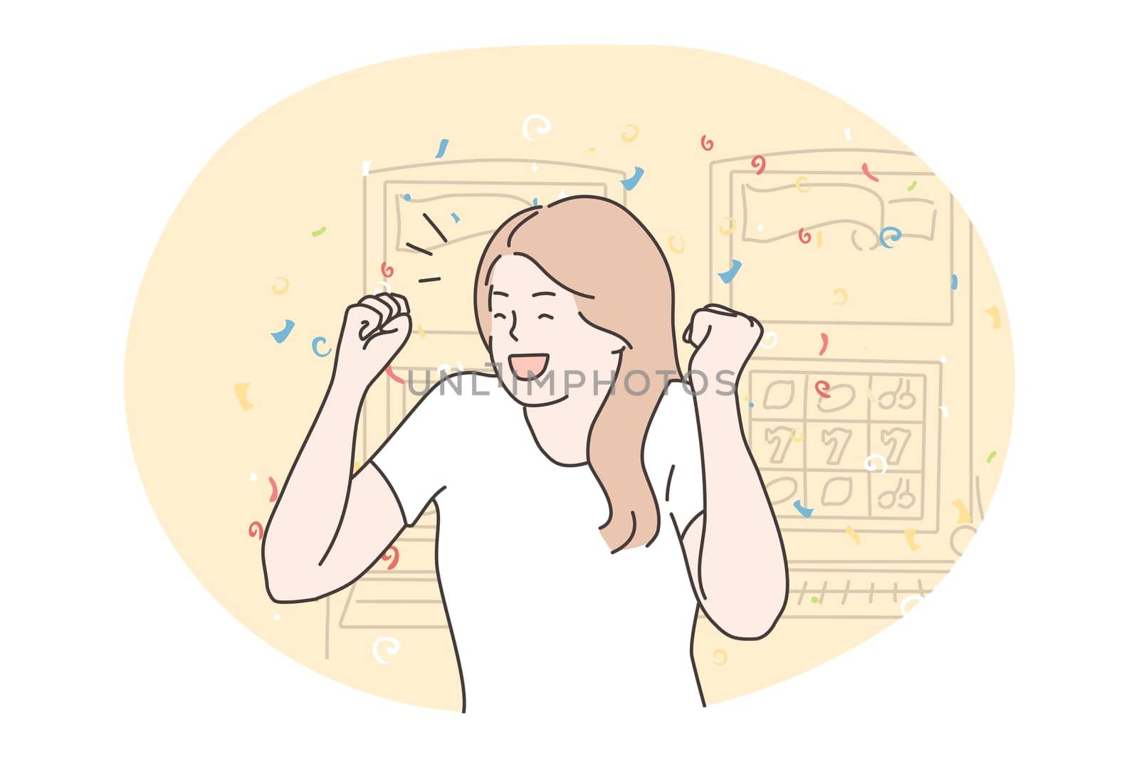 Success, gambling, luck, concept. Happy excited young woman winner character gambler enjoys jackpot money cash prize in casino slot machine. Goal achievement lucky winning game victory illustration.