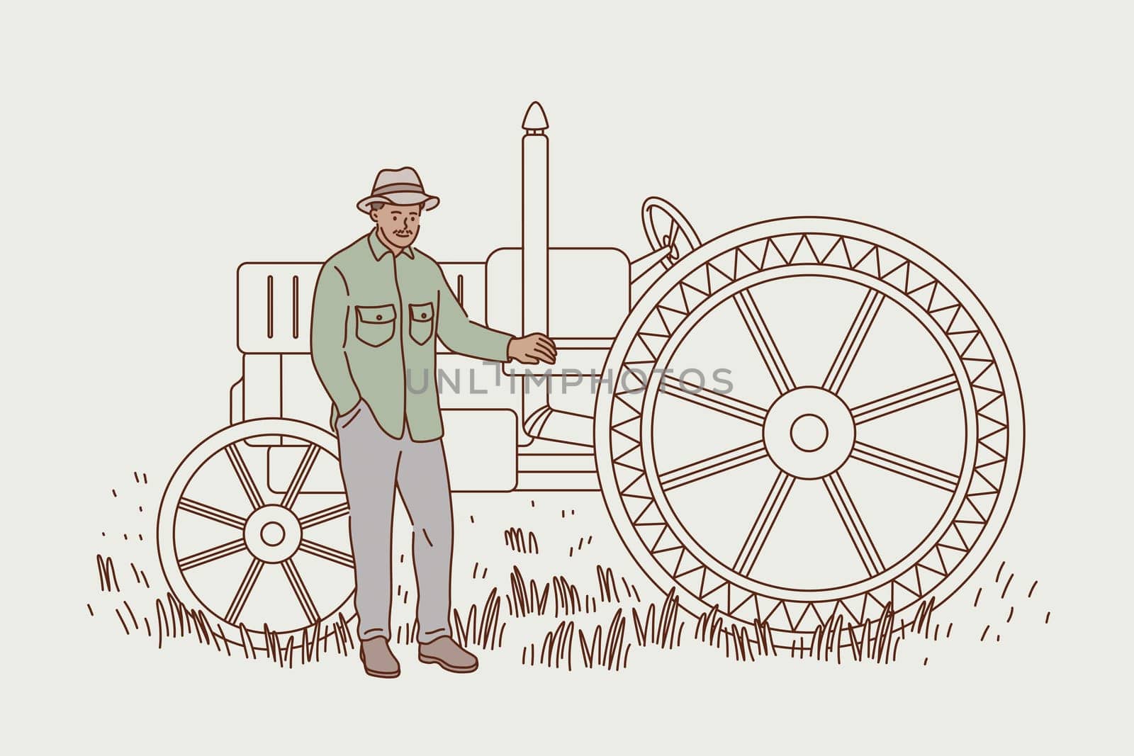Agriculture and Harvest concept. Smiling man cartoon character farmer agricultural worker in hat standing on grass rye field during harvesting on machine vector illustration