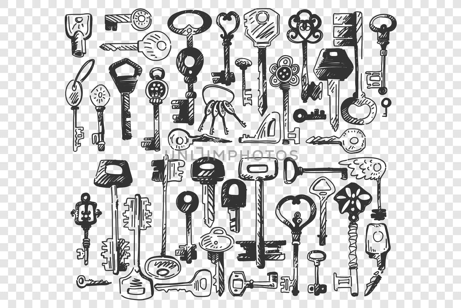 Keys doodle set. Collection of different shape small key for opening door locks isolated on transparent background. Decorative vintage old design switches and home security illustration.