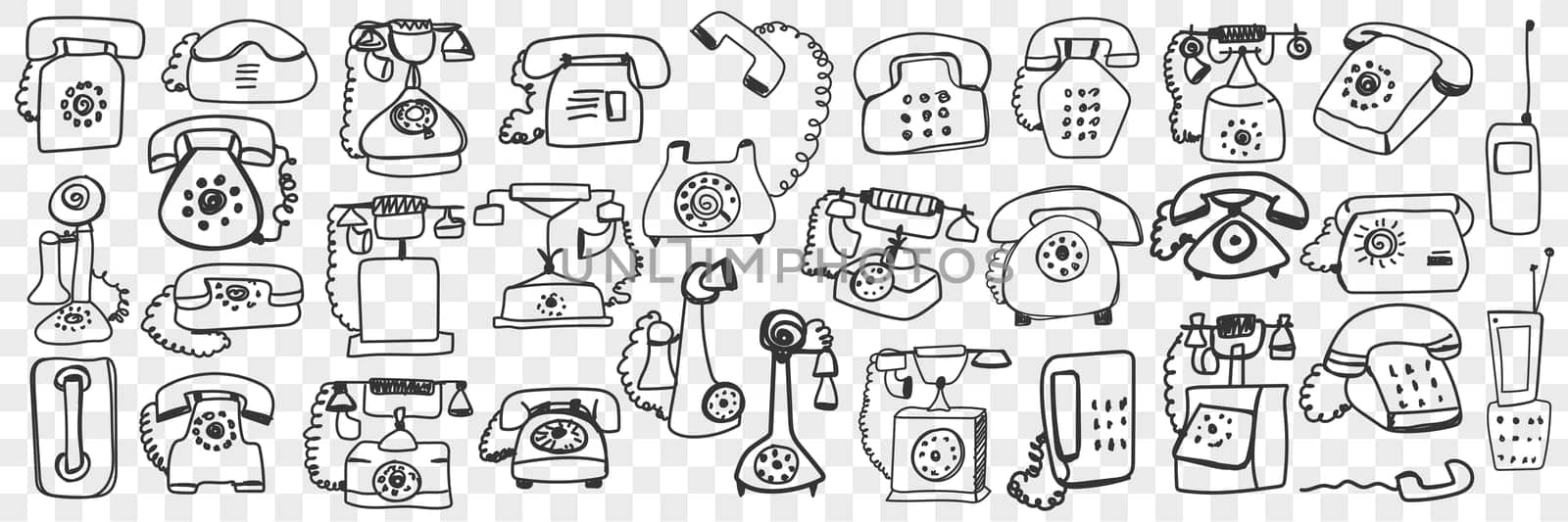 Telephone set doodle set. Collection of hand drawn retro vintage telephone sets with tube and wires isolated on transparent background. Illustration of old fashioned communication type