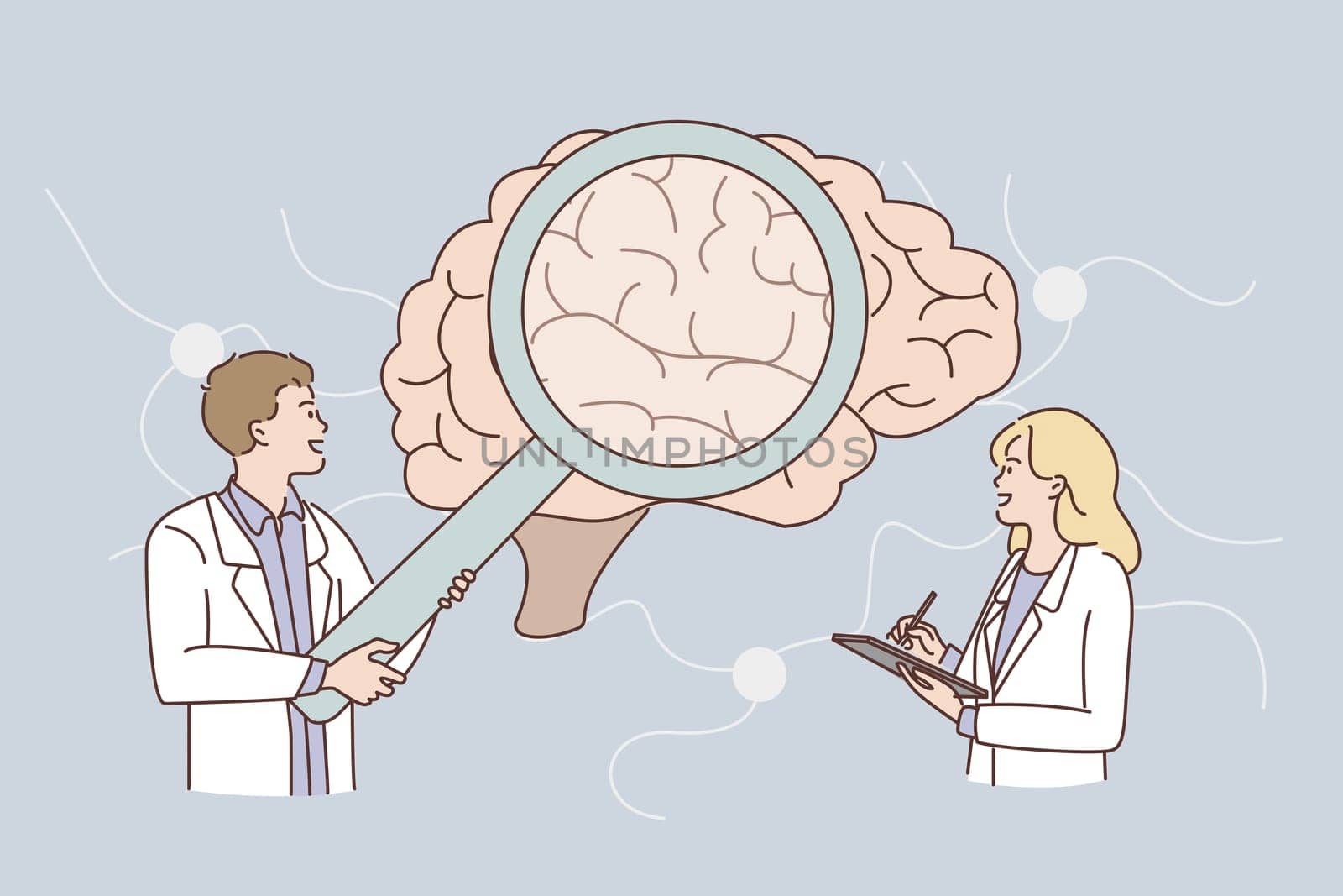 Research of human brain concept. Young man and woman doctors scientists standing looking at huge human brain making notes together vector illustration