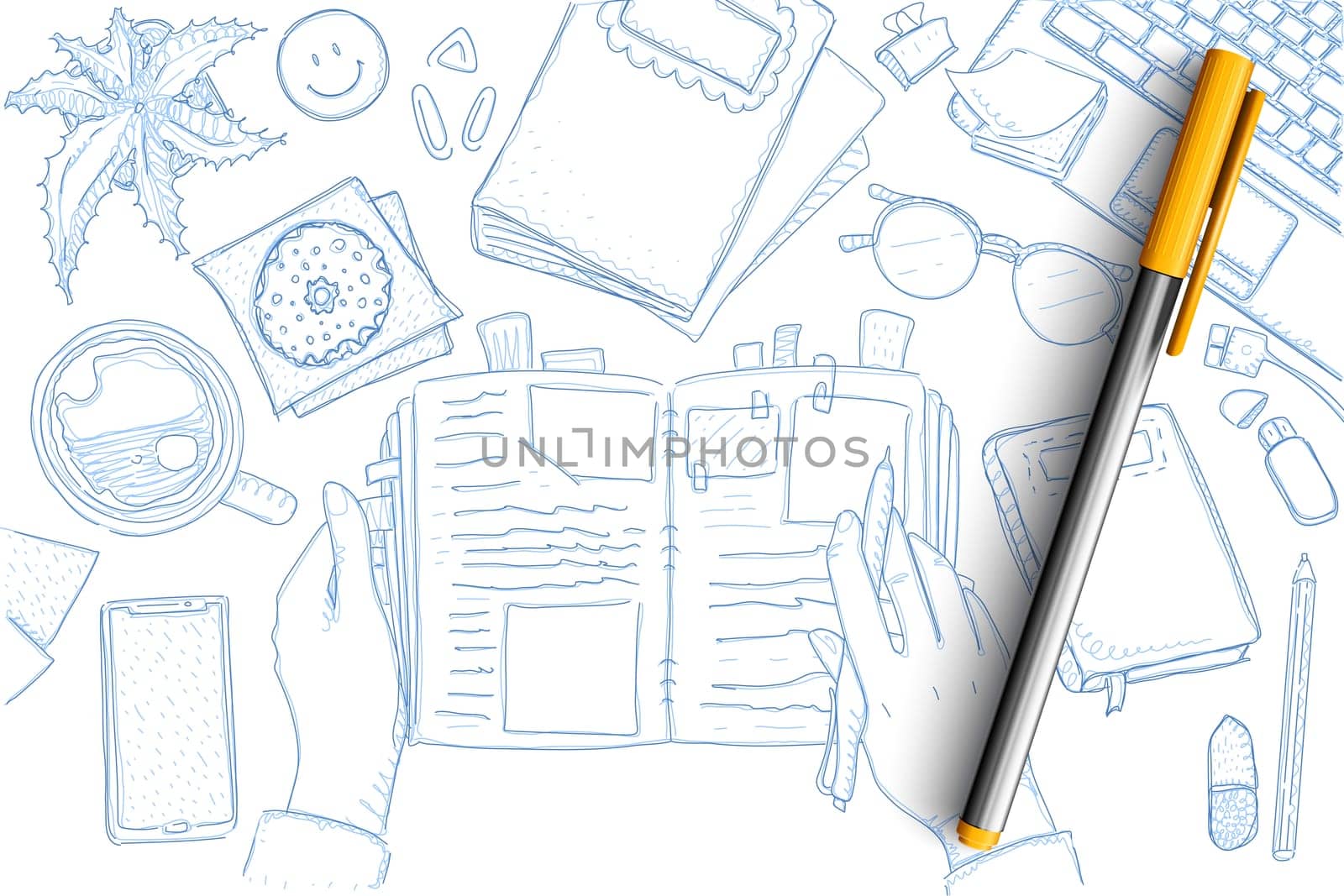 Notes of traveler doodle set. Collection of hand drawn tourist hands with notebook and memories, maps, starfish, smartphone, pencil, laptop and vacation symbols isolated on transparent background