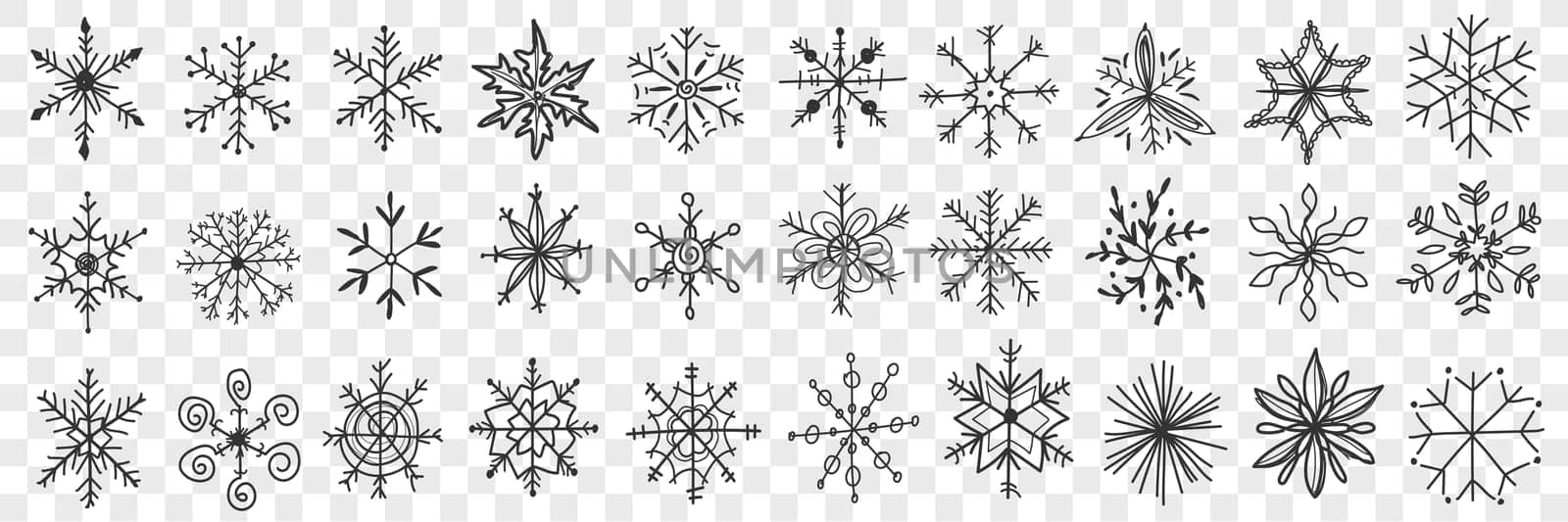Snowflakes doodle set. Collection of hand drawn beautiful snowflakes of different patterns traditional for winter isolated on transparent background. Illustration of snow magic decorations