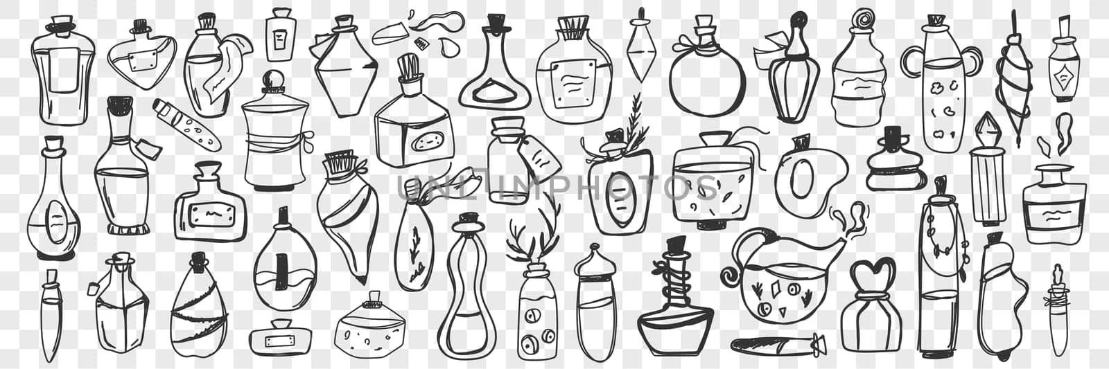 Glass containers doodle set. Collection of hand drawn bottle, jar, vial, flask for keeping liquids at home isolated on transparent background. Illustration of glassware of various sizes and shapes