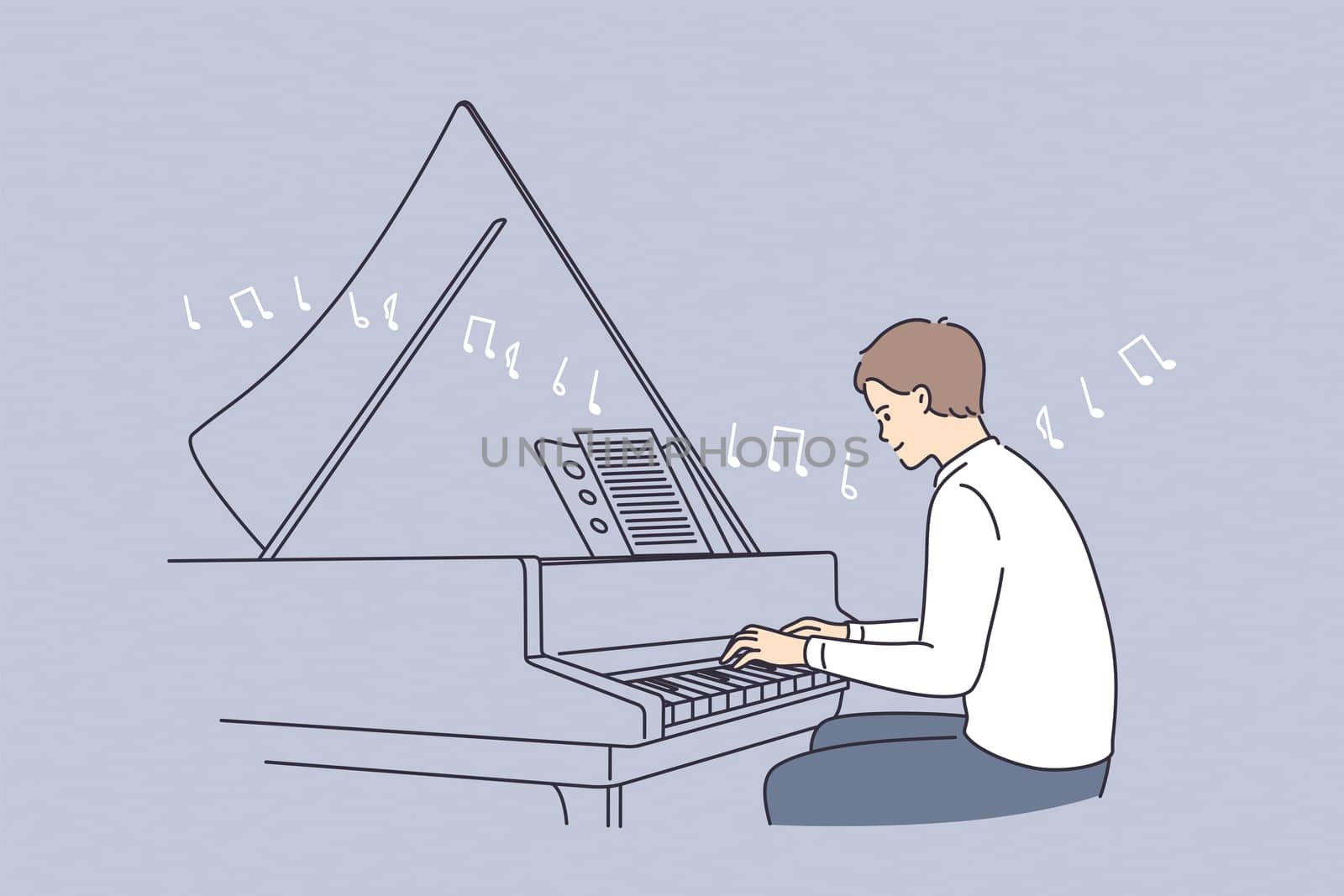 Professional musician and musical education concept. Young smiling man pianist cartoon character sitting playing piano melody with notes vector illustration