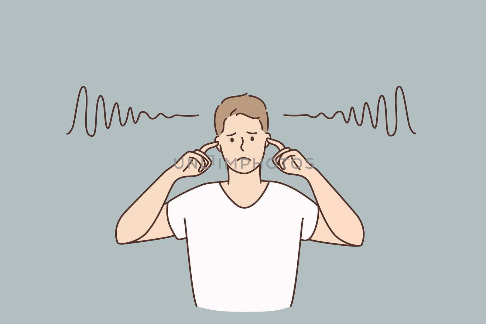 Covering ears and silence concept. Young sad irritated man cartoon character standing covering his ears with fingers with no sounds inside vector illustration